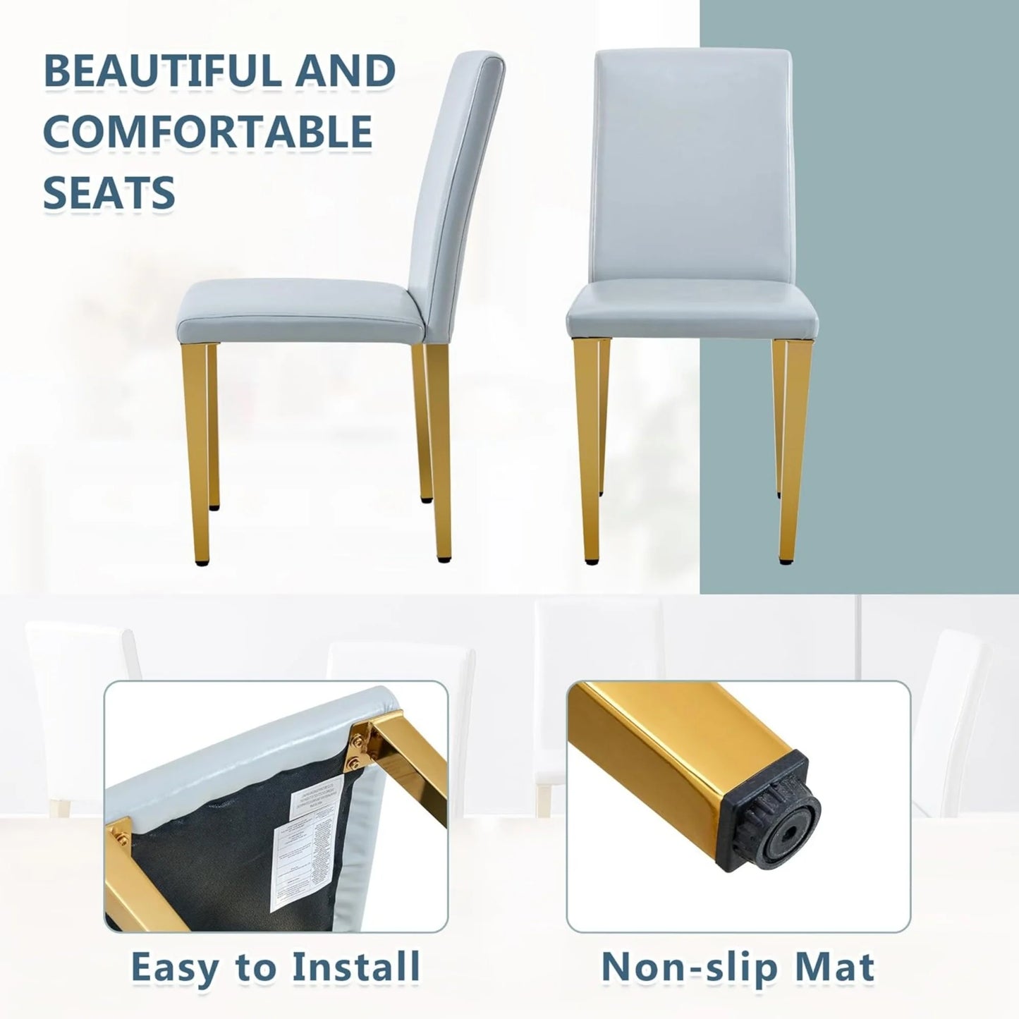 SUDICA Gray Faux Leather Dining Chairs Set of 4, Gold Metal Legs for Kitchen & Dining Room