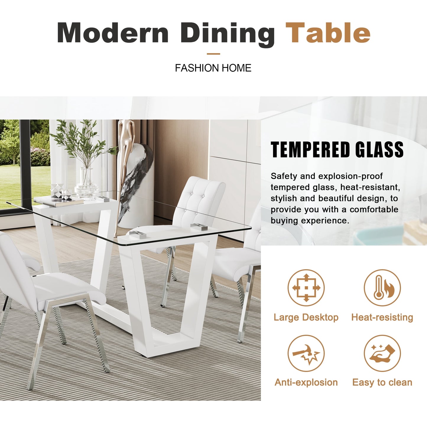 63" Glass Dining Table Set for 4, Sudica White Legs Kitchen Table Set with Upholstered Faux Leather Dining Room Chairs, White