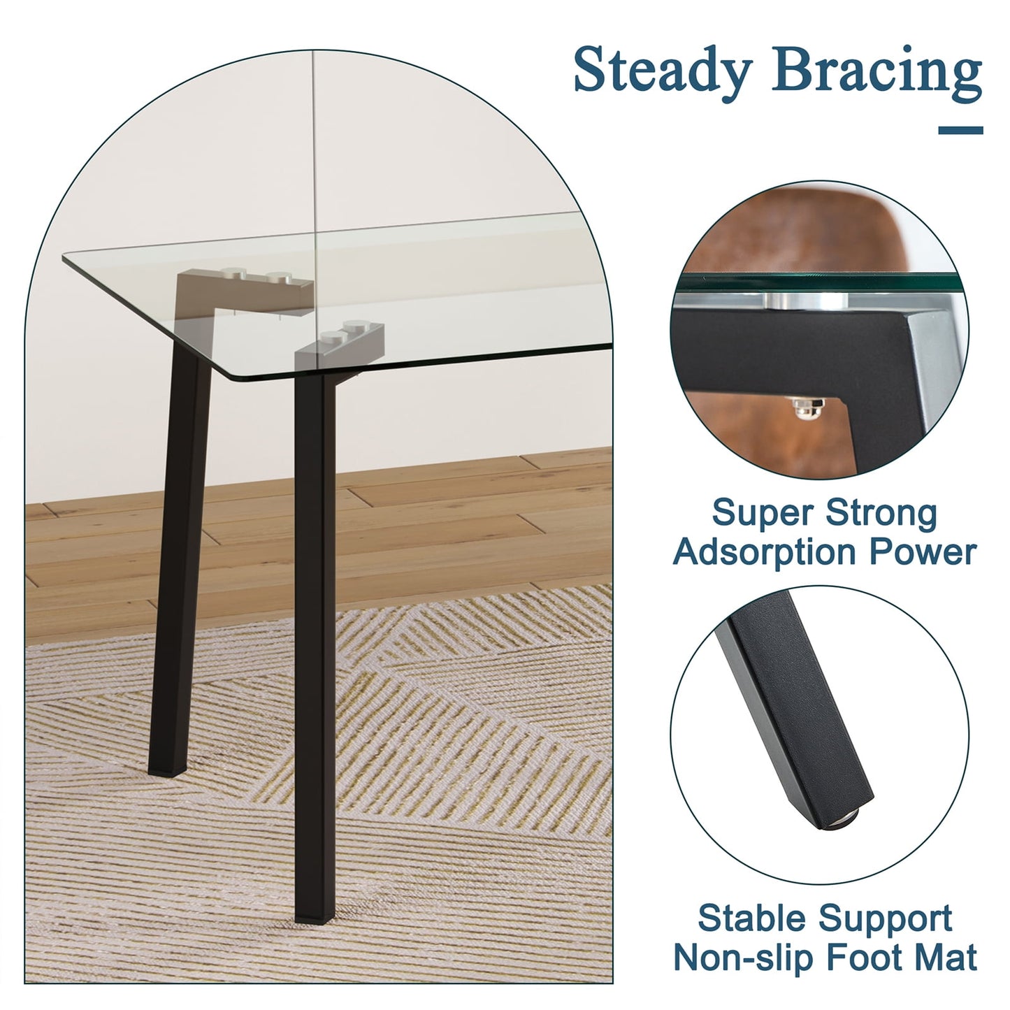 51" Glass Dining Table for 4, Sudica Clear Tempered Glass Modern Rectangular Kitchen Table with Metal Legs