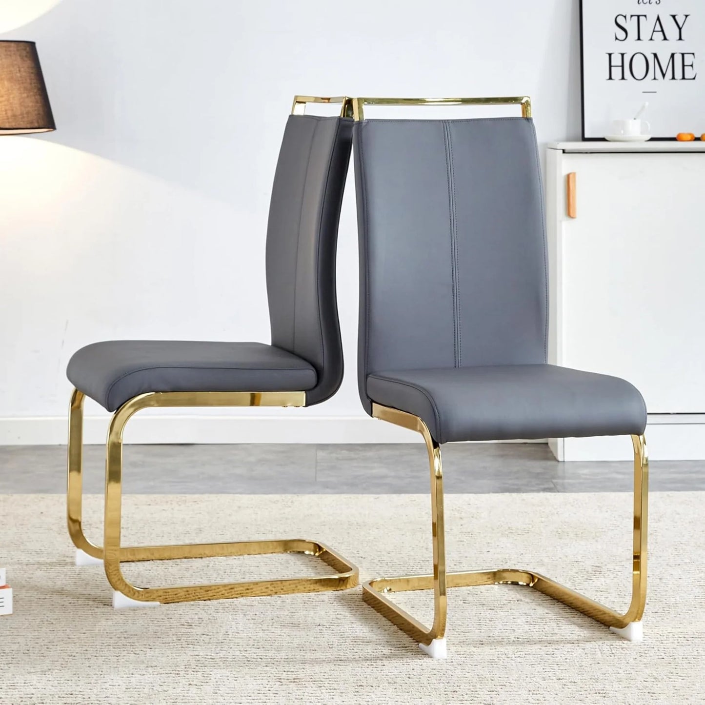 SUDICA 63" Glass Dining Table Set with PU Leather Chairs, Gold Base, for Dining Room, 7-Piece