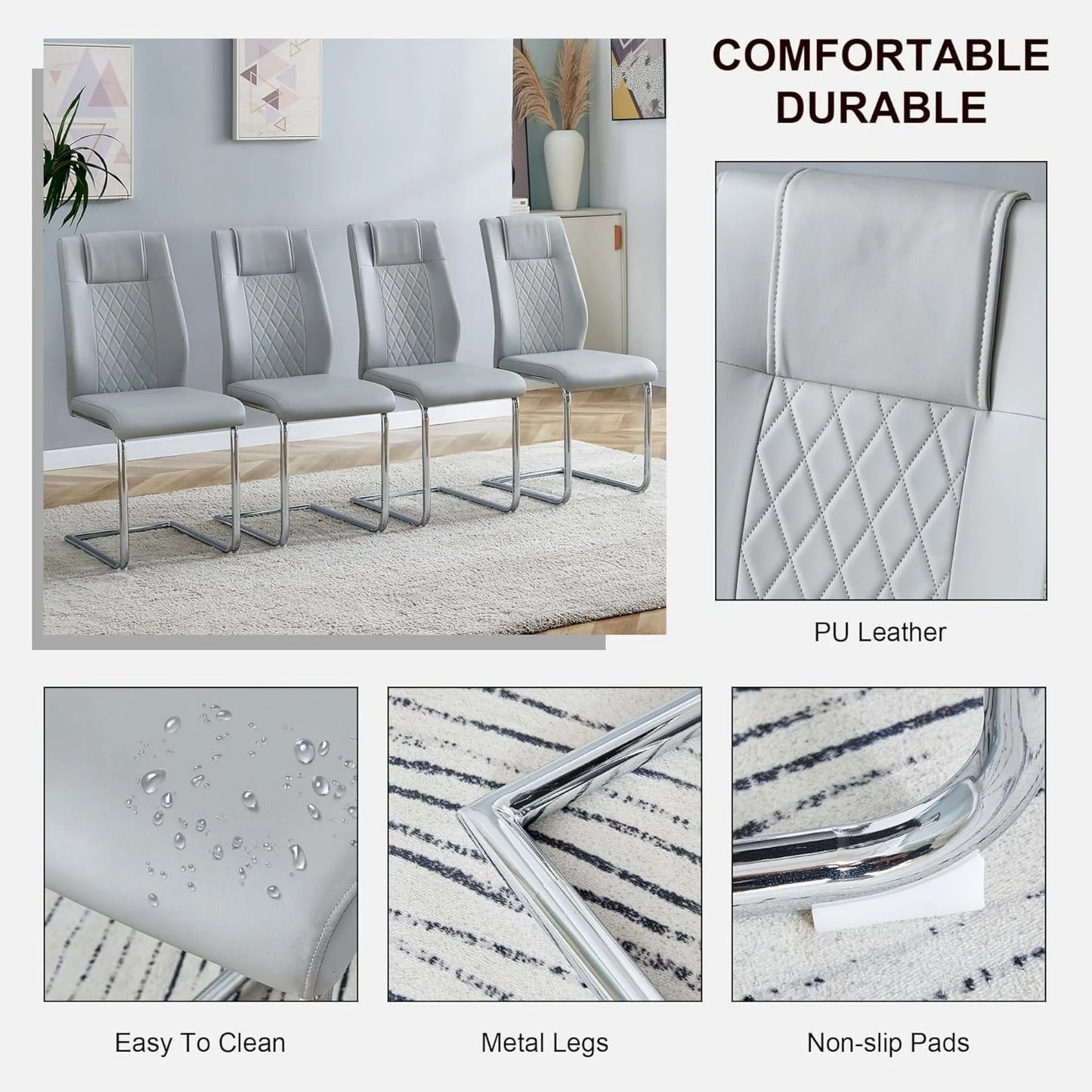 Sudica Upholstered Dining Chairs Set of 6 PU Leather Dining Room Chair with Silver Metal Legs，Light Gray