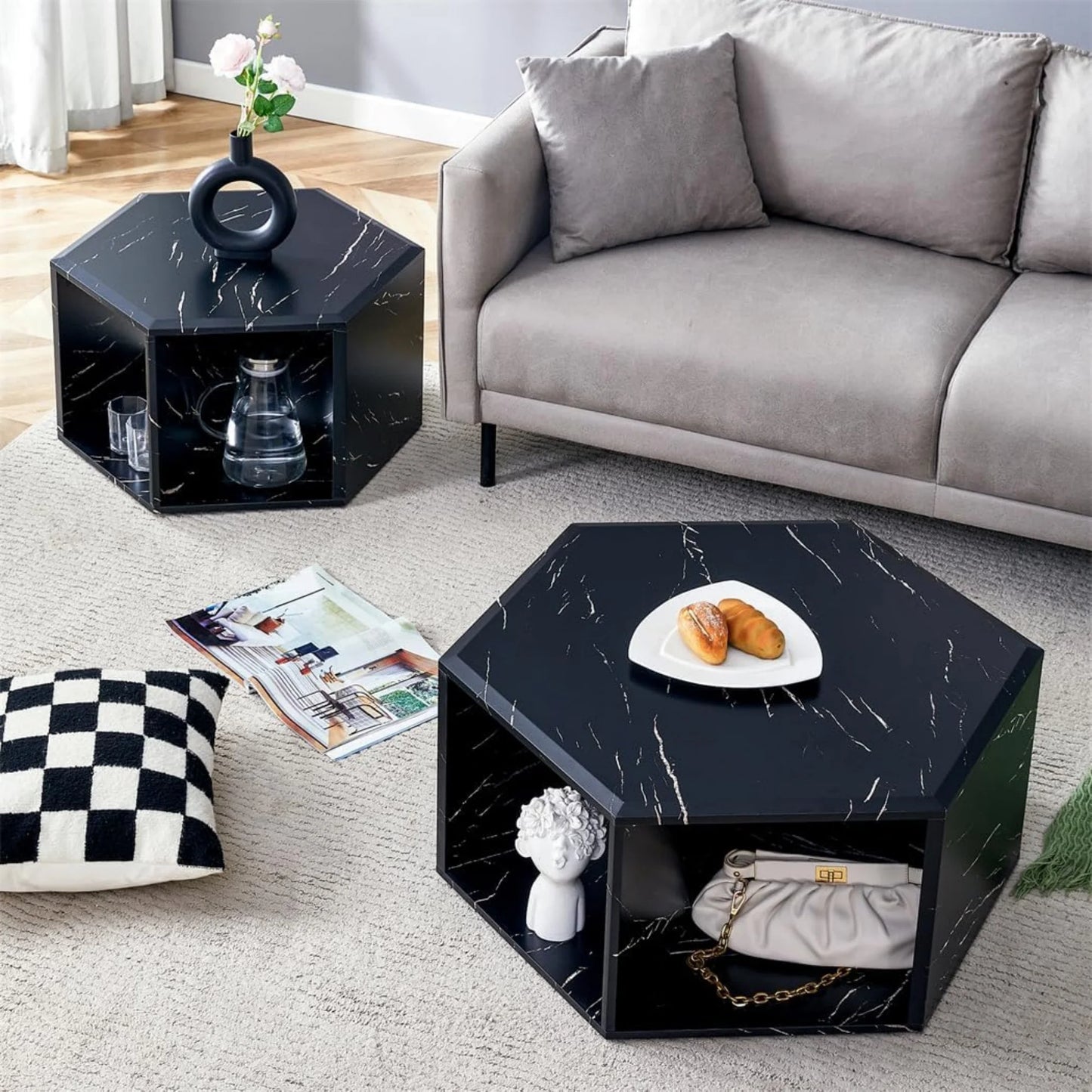 Faux Marble Coffee Table with Storage, Geometric Living Room Table