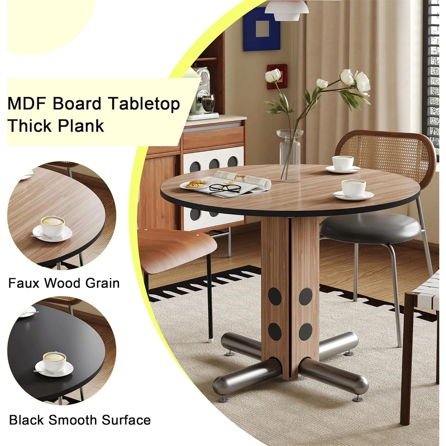39.76" Round Table Top Wood - Walnut & Black Double Sided, Outdoor Dining Replacement for Restaurants, Cafes, Bars