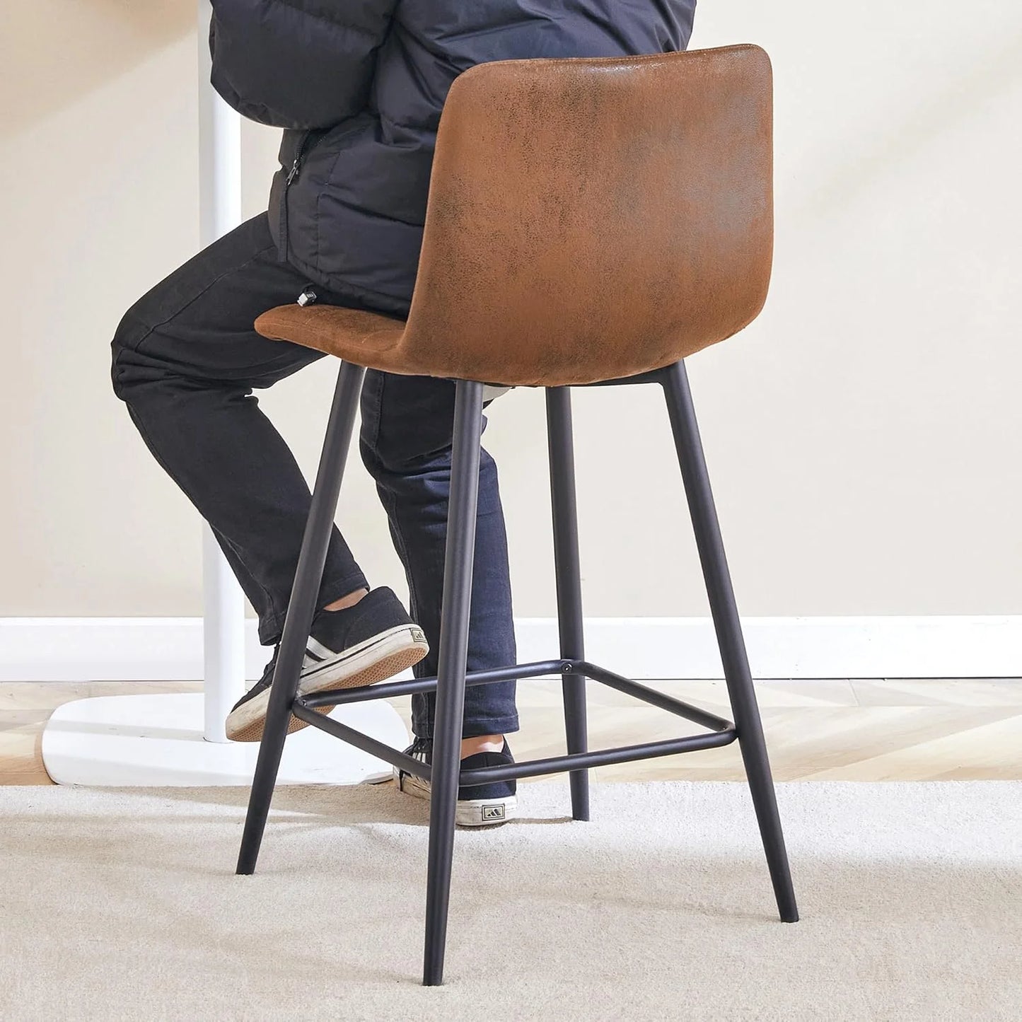 SUDICA 24.4" Counter Height Bar Stools, Brown PU Leather, Metal Legs, Set of 2