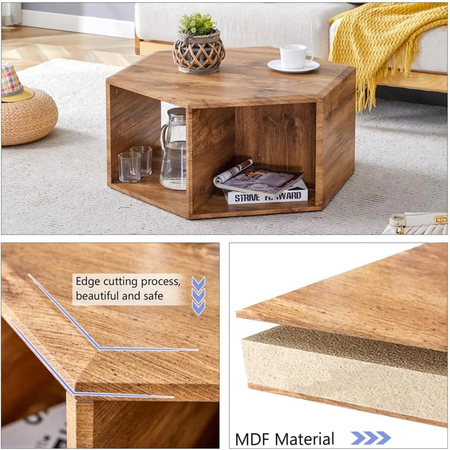 SUDICA Hexagon Wood Coffee Table, Dual-Use Storage Accent Table for Living Room or Corner