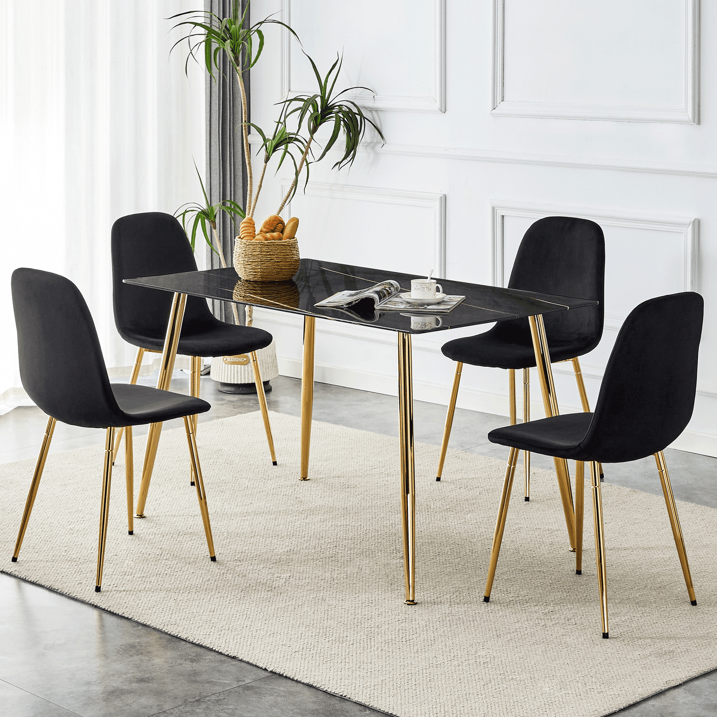 Marble Dining Table Set for 4,Sudica 51" Rectangular Black Faux Marble Kitchen Table with 4 Velvet Dining Chairs