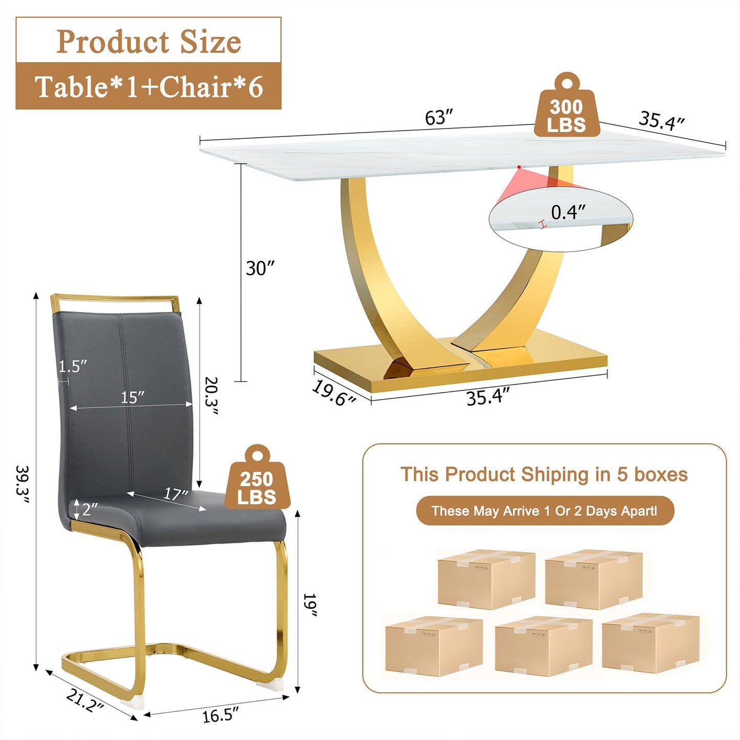 Dining Table Set for 6, Sudica Rectangular Faux Marble Kitchen Table with 4 Leather Gold Legs Dining Chairs,Dark Gray