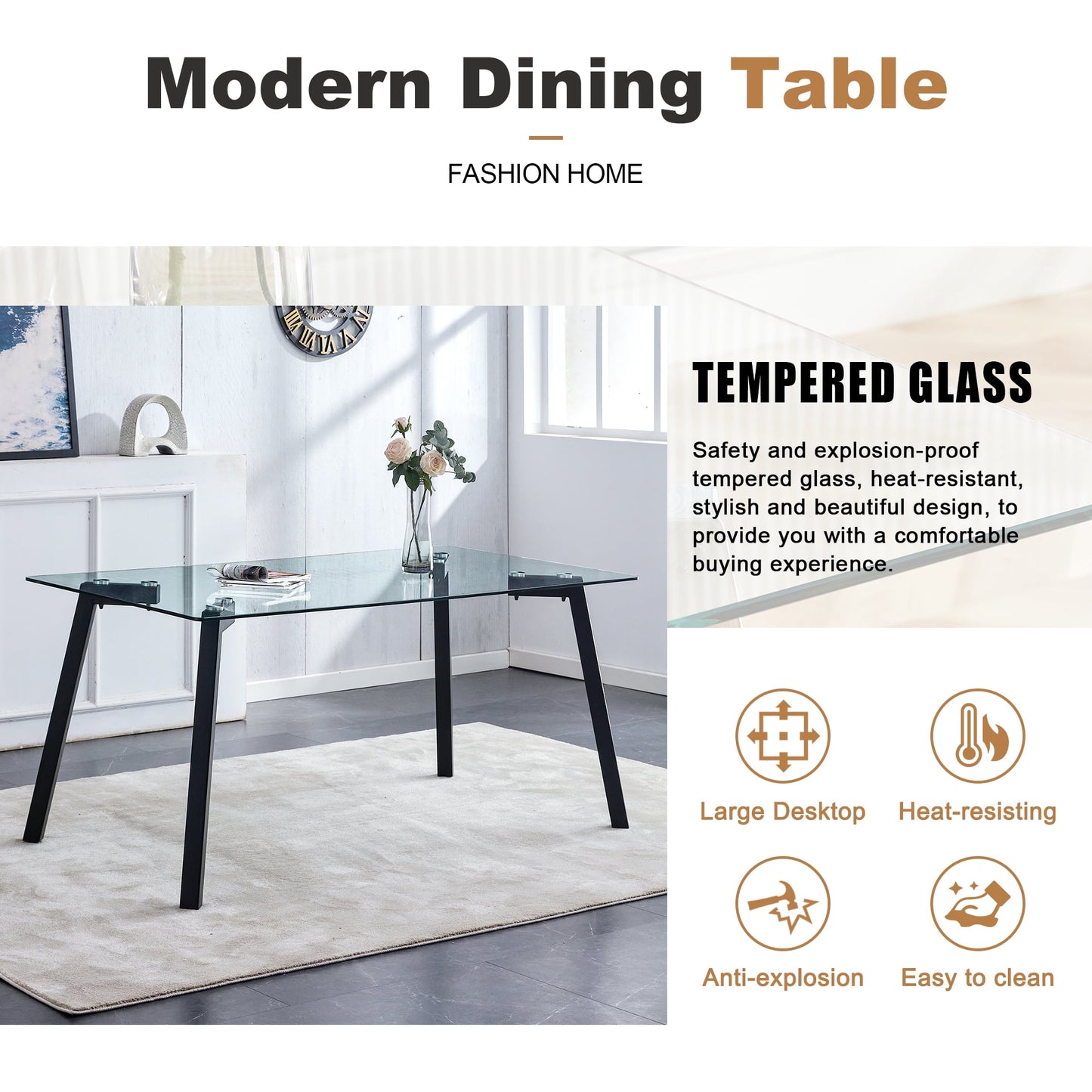 63" Glass Dining Table for 6, Sudica Clear Tempered Glass Modern Rectangular Kitchen Table with Metal Legs