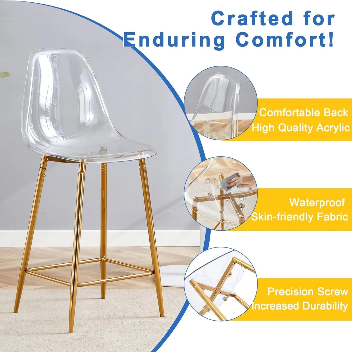 SUDICA Kitchen Island Bar Stools, Counter Height Set Of 2, Transparent PET Seats, Gold Legs, Indoor