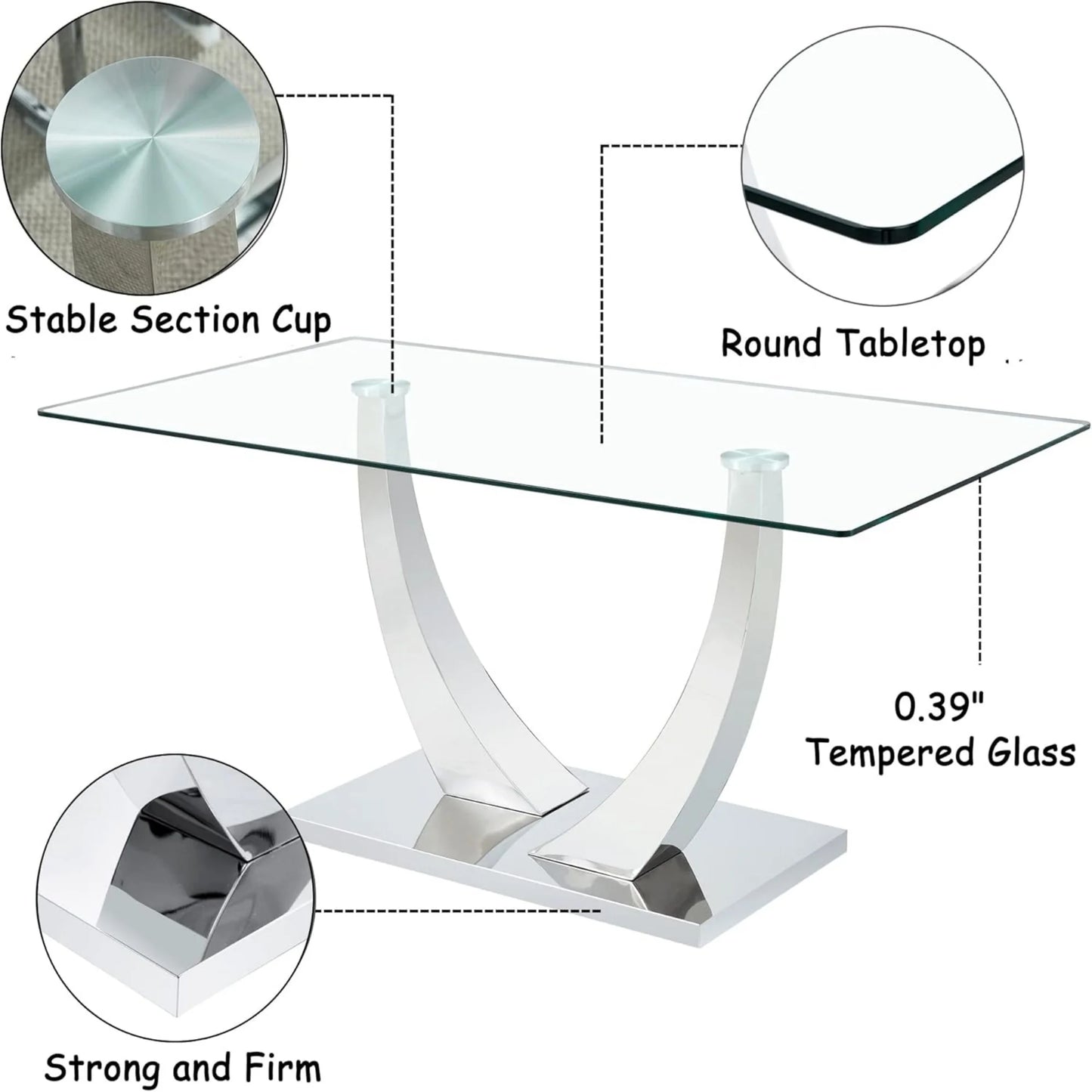 Silver Dining Table Set for 4,5PCS Glass Dining Room Table Set for 4, 63'' Rectangular Tempered Glass Top Kitchen Table Set and 4 Chairs for Dining Room Kitchen