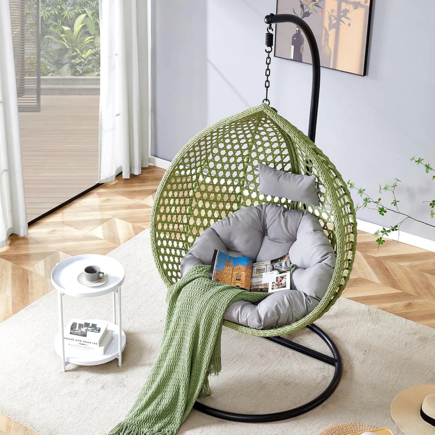 Hanging Egg Chair with Stand,Sudica Patio Soft Cushion Rattan Wicker Egg Swing Chair for Outdoor and Indoor, 350lbs Capacity,Green