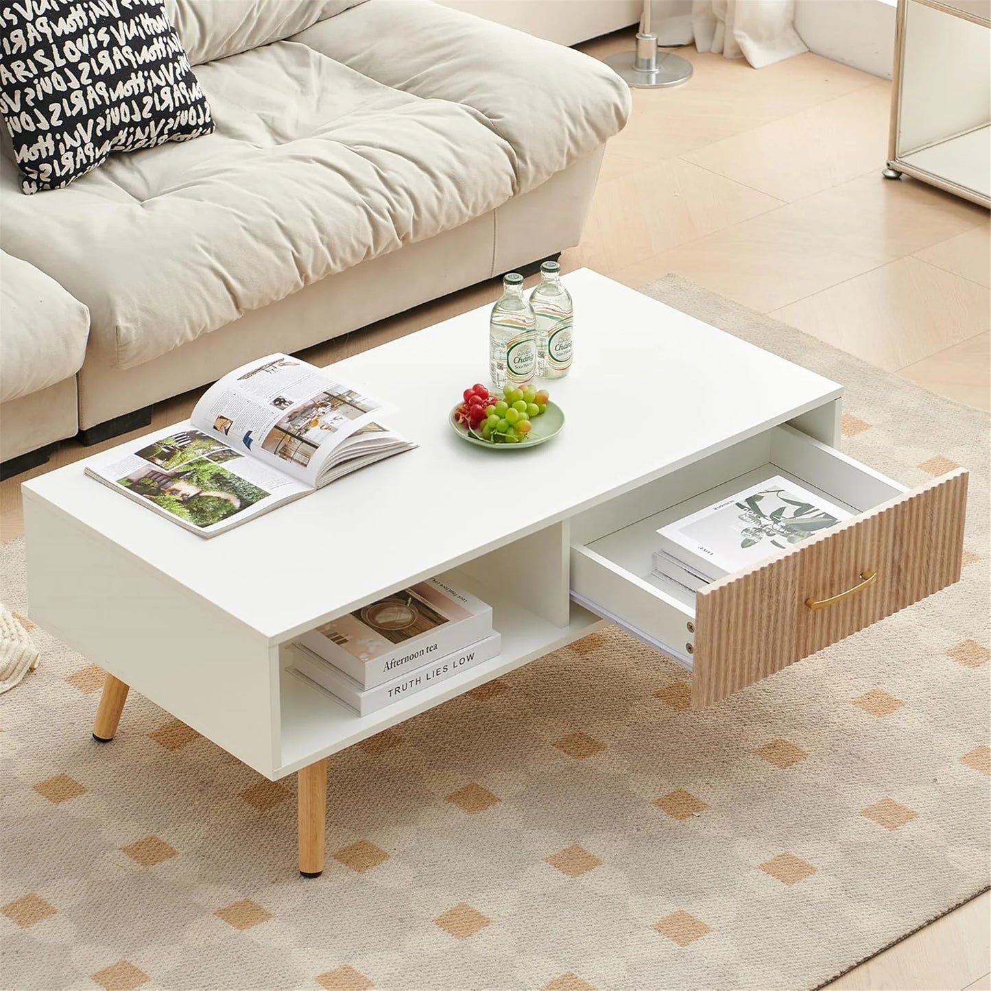 Mid Century Wooden Coffee Table with Stripe Drawer，Modern 41" Large Center Table with Storage，Rectangular White Coffee Tables for Living Room, 2-Tier Cocktail Table, Solid Wood Legs