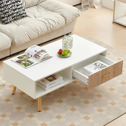 Mid Century Wooden Coffee Table with Stripe Drawer，Modern 41" Large Center Table with Storage，Rectangular White Coffee Tables for Living Room, 2-Tier Cocktail Table, Solid Wood Legs