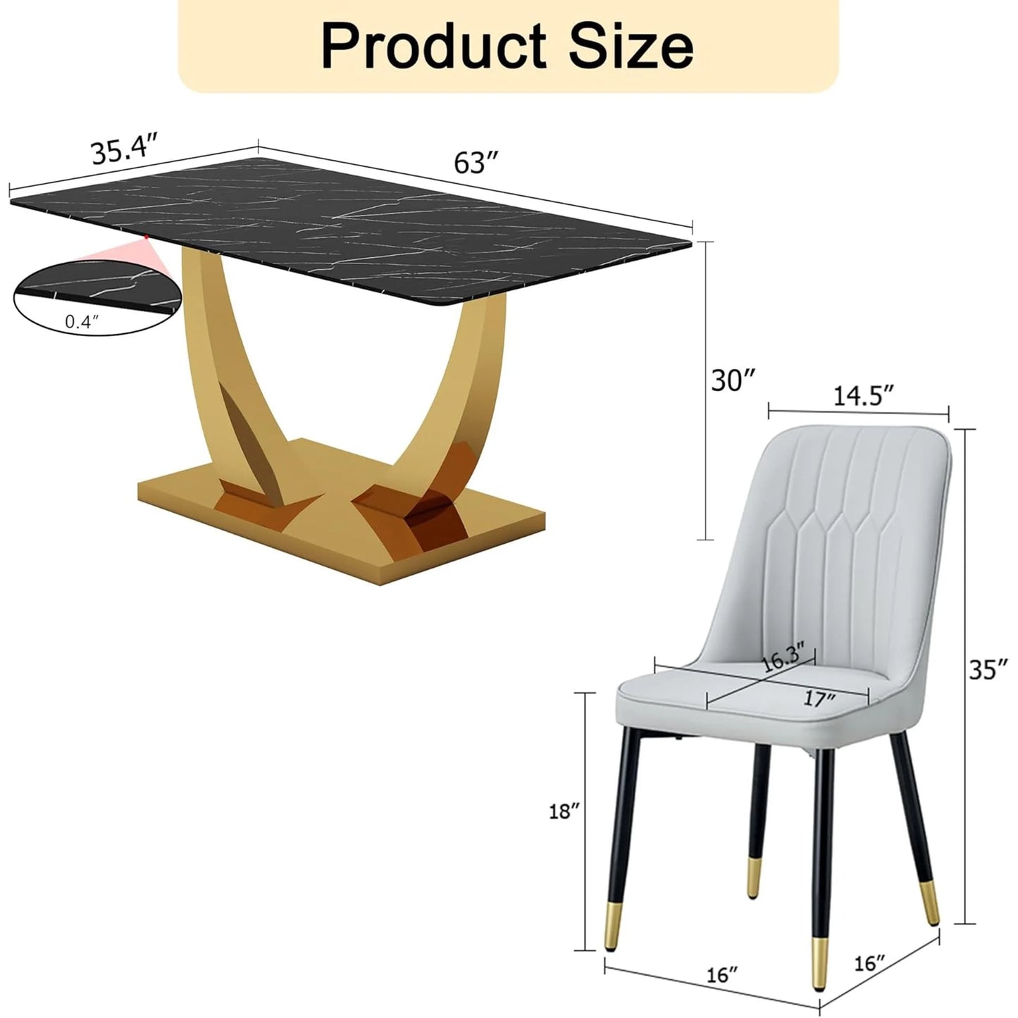 SUDICA 7 Piece Black and Gold Dining Set, Glass Table with Grey PU Chairs for Kitchen