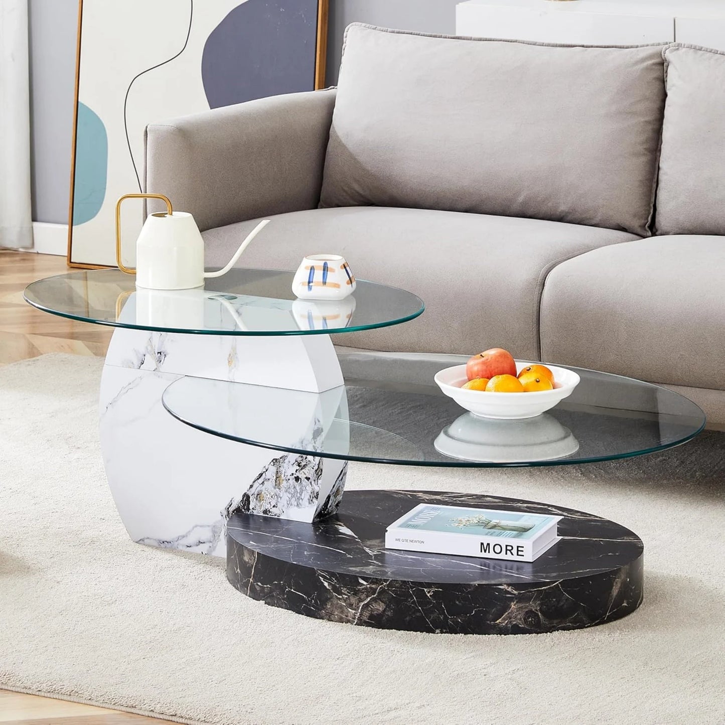 Sudica Modern Coffee Table with Double-layer Round Glass Tabletop47" Tea Table with White and Black Faux Marble Patterned Base,Center Table for Living Room