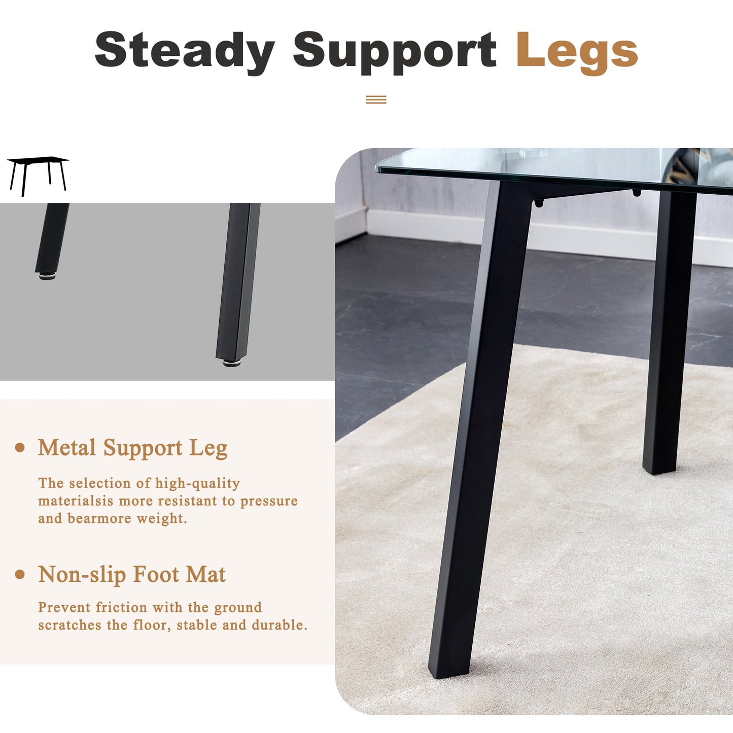 63" Glass Dining Table for 6, Sudica Clear Tempered Glass Modern Rectangular Kitchen Table with Metal Legs