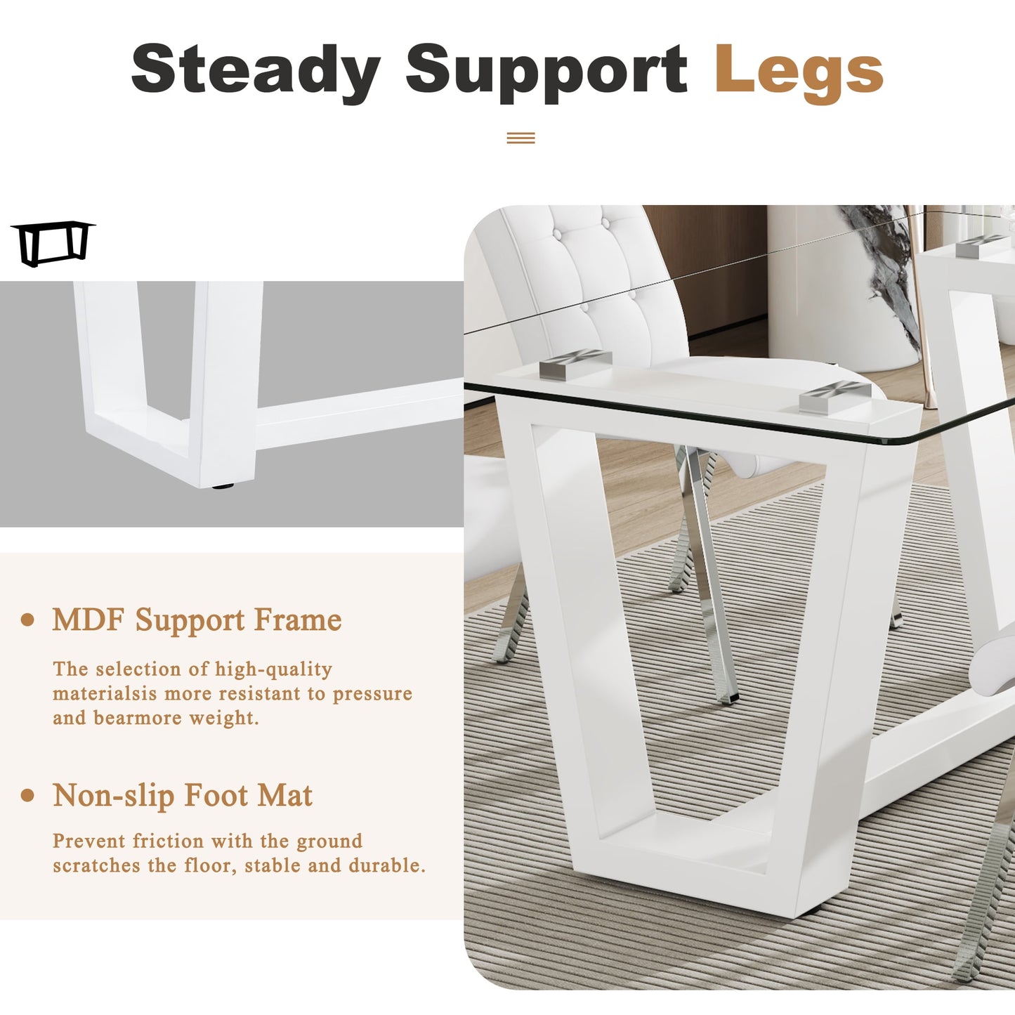 63" Glass Dining Table Set for 4, Sudica White Legs Kitchen Table Set with Upholstered Faux Leather Dining Room Chairs, White