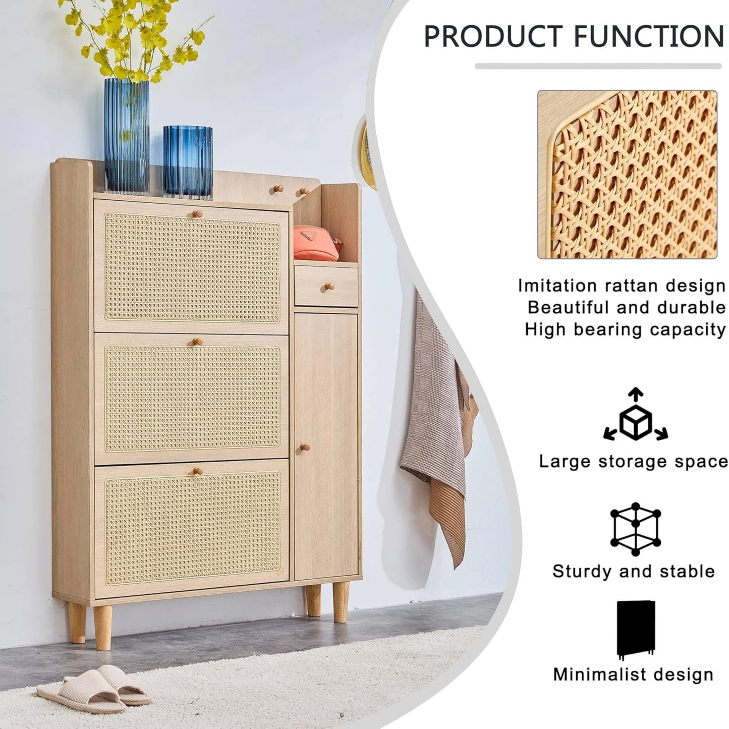 Sudica Rattan Shoe Cabinets with 3 Flip Drawers, Modern Minimalist Shoe Rack Storage Cabinet for Heels/Boots/Slippers,Hallway Entryway Free Standing Shoe Rack with 4 Drawers(Natural Wood)