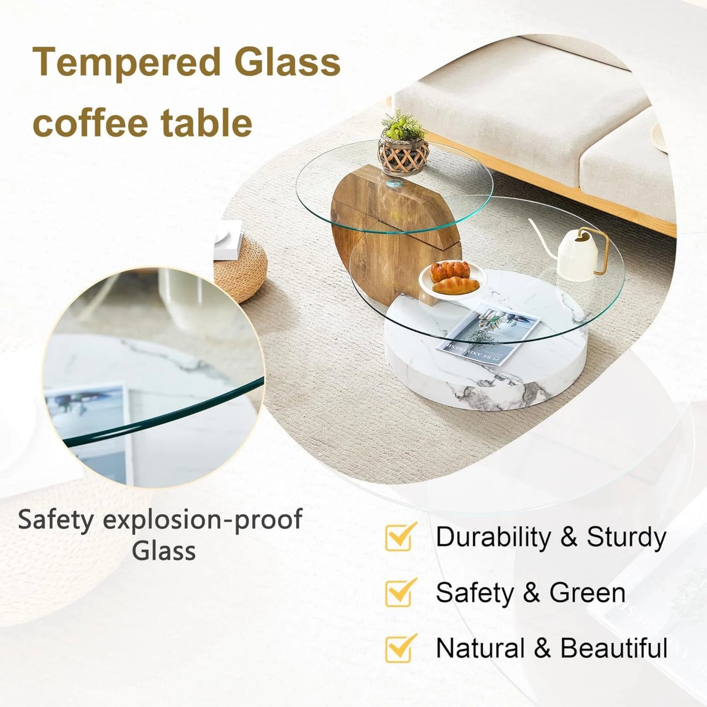 Sudica Modern Round Glass Coffee Table with Dark Wood and White Marble Base