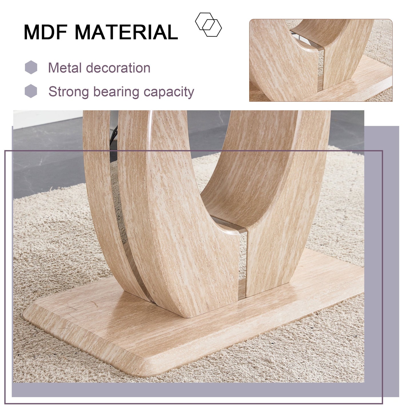 Sudica 63 inch Faux Marble Dining Table for 6 Yellow Faux Marble Dining Room MDF Table with U-Shaped Support
