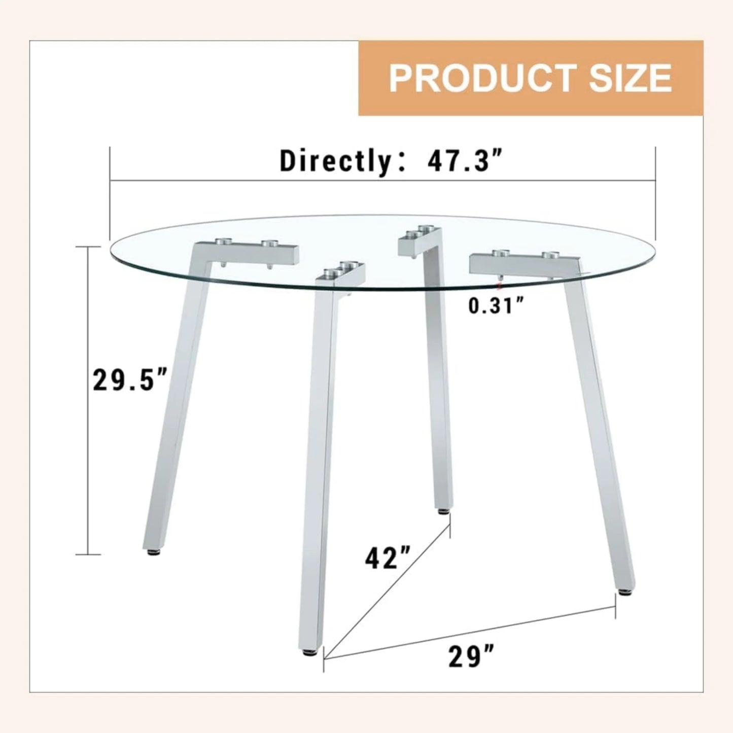 Sudica 47.3"Round Dining Table. Modern Minimalist Kitchen Table Glass with Metal Legs, for Kitchen, Dining Room, Silver