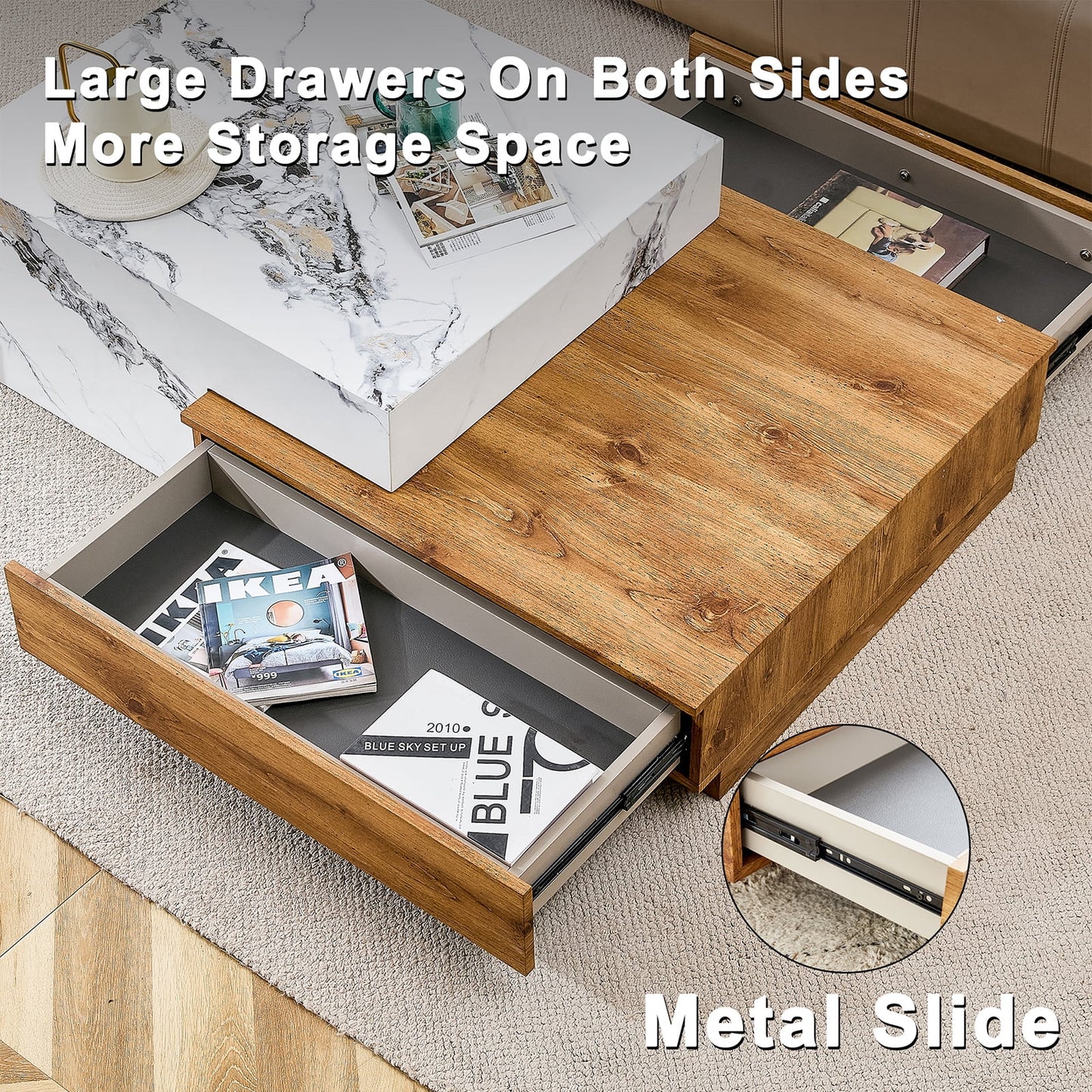 Sudica Modern Coffee Table Rustic Rectangular Faux Marble Center Table with Wooden Storage Drawer, White Cocktail Table