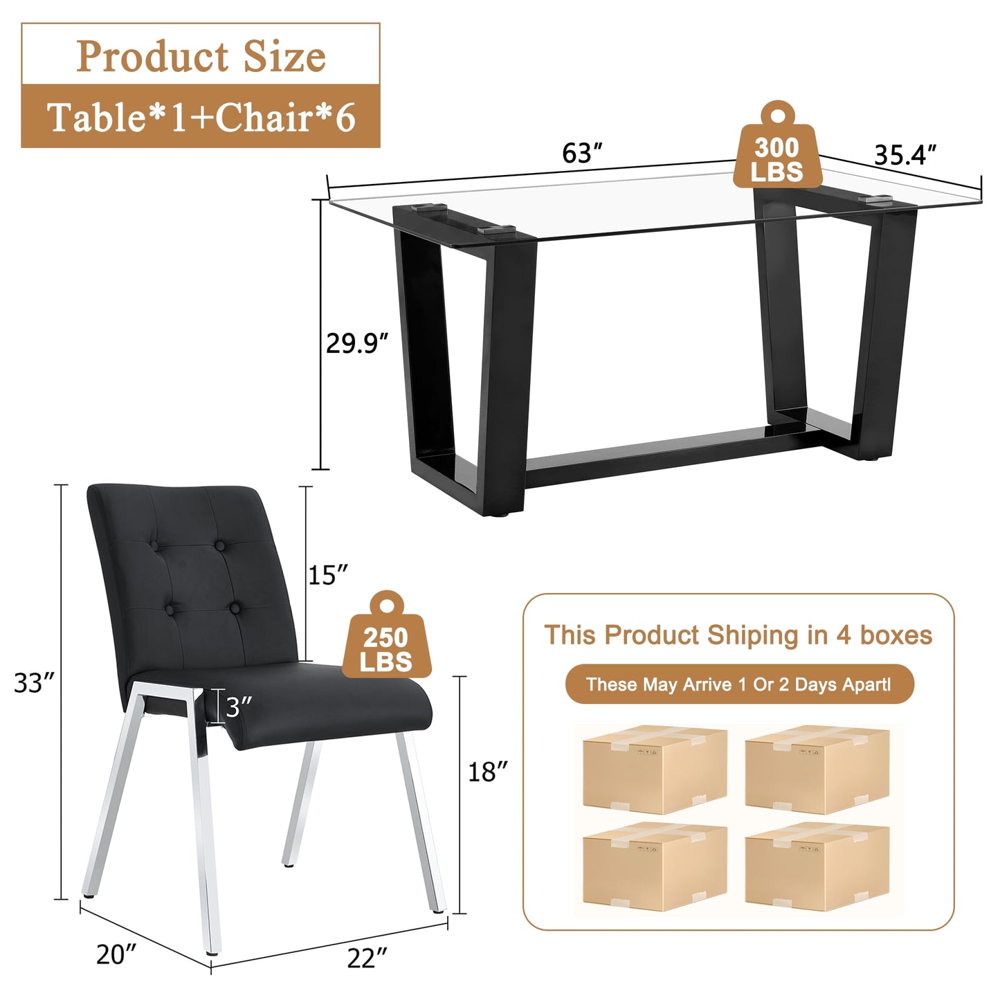 63" Glass Dining Table Set for 6, Sudica Black Legs Kitchen Table Set with Upholstered Faux Leather Dining Room Chairs, Black