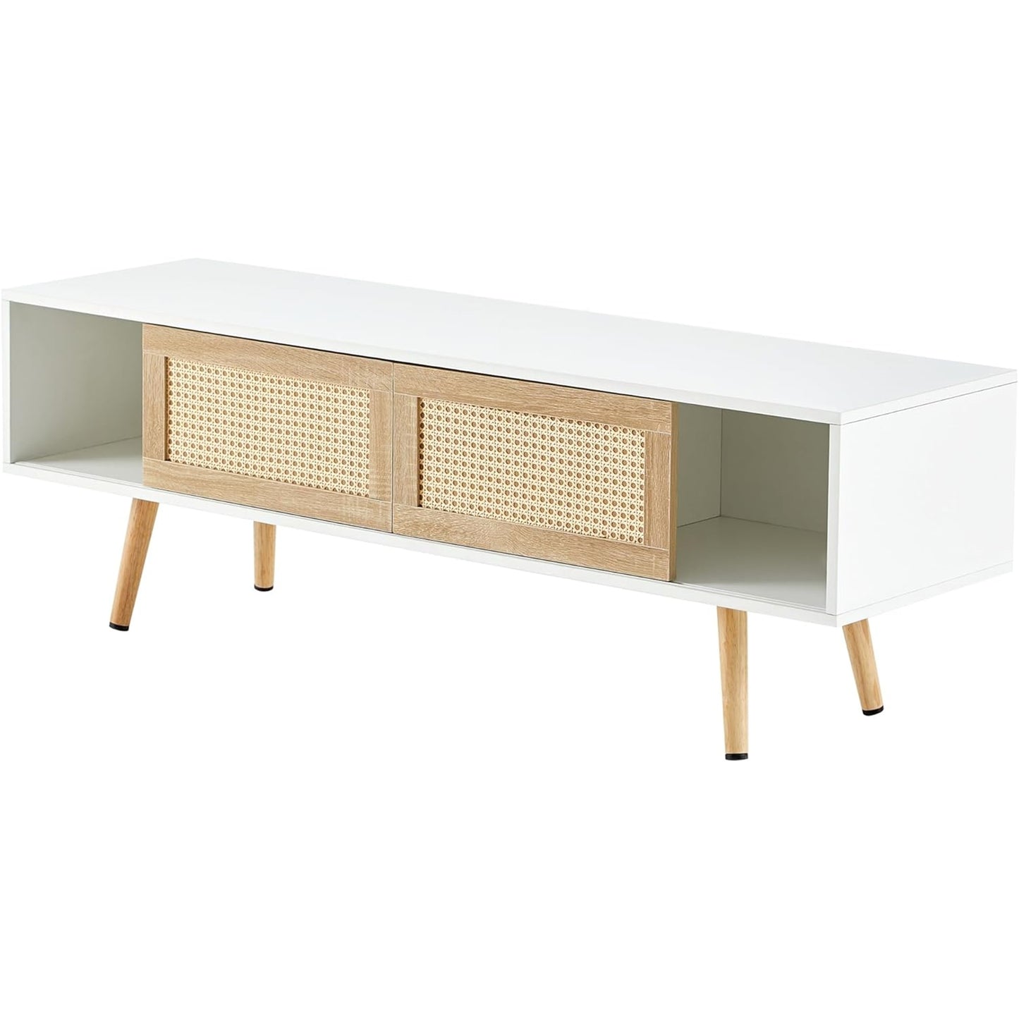 Rattan TV Stand for 65 Inch TV, Boho Entertainment Center with Adjustable Shelves & Metal Frame, Wood TV Media Console with Variable Light Strip for Living Room, White,White Wood