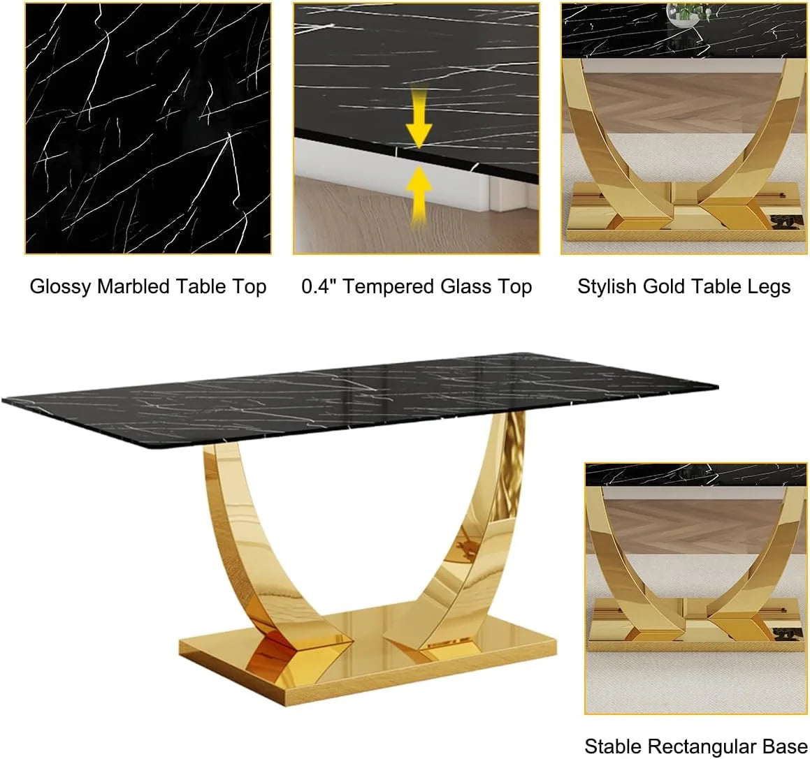 SUDICA 63" Glass Dining Table Set with 6 PU Leather Chairs, Gold Base, Modern Dining Room