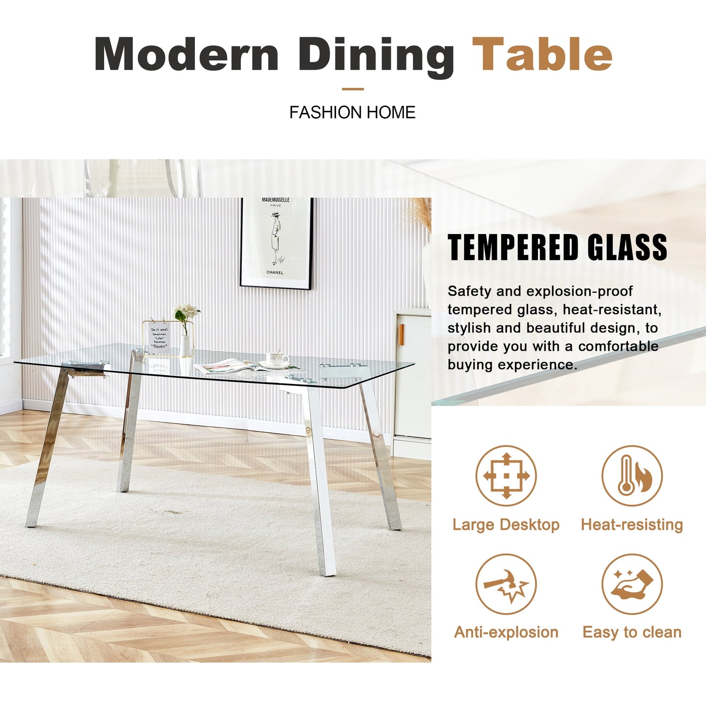 Sudica Dining Set for 6, Glass Rectangular Kitchen Table Set with Upholstered Faux Leather Dining Room Chairs,White