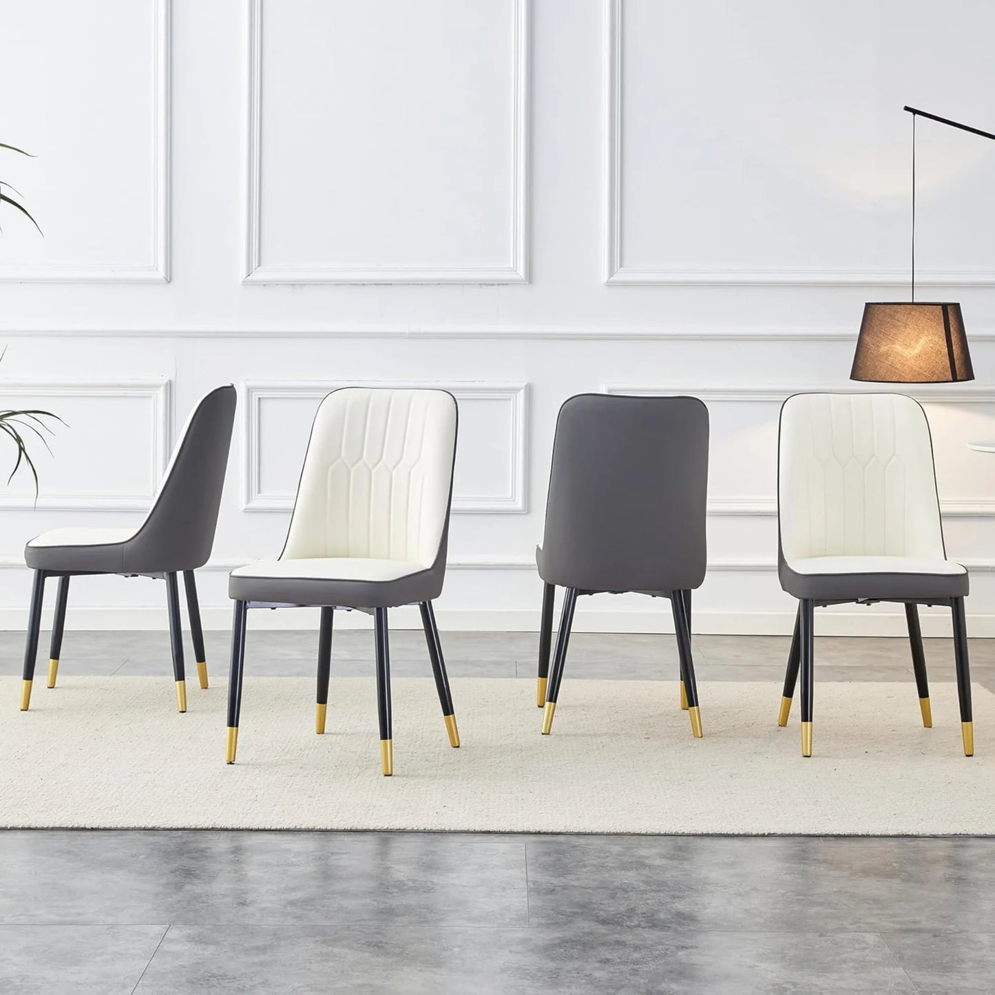SUDICA 7 Piece Dining Set, Black Faux Marble Glass Table, White and Gray PU Chairs for Kitchen