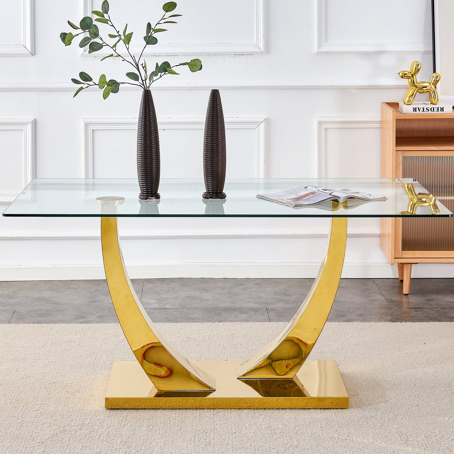 Sudica Modern Glass Dining Table, 63 inch Large Dining Room Table with Golden U shape Base for Kitchen