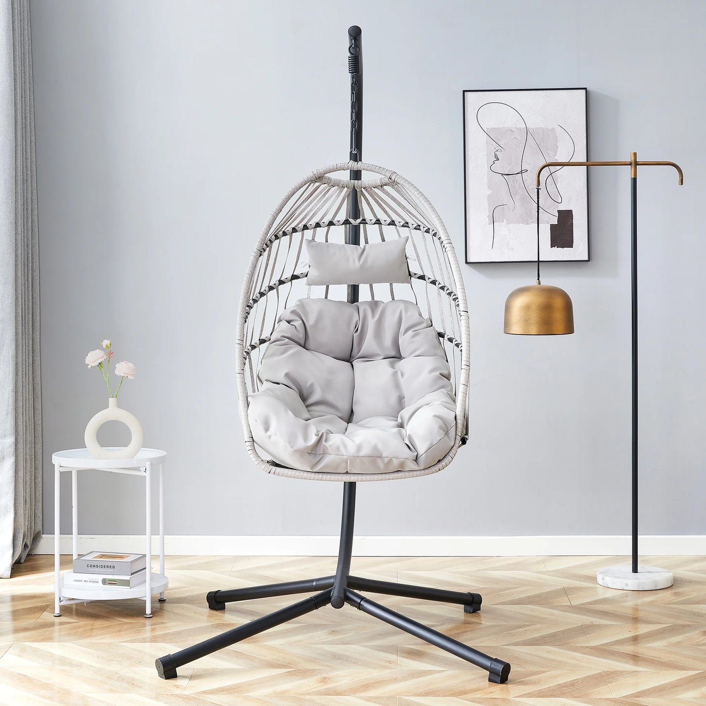 Sudica Hanging Egg Chair with Stand, Wicker Swing Chair with Soft Cushion for Indoor  Outdoor Patio