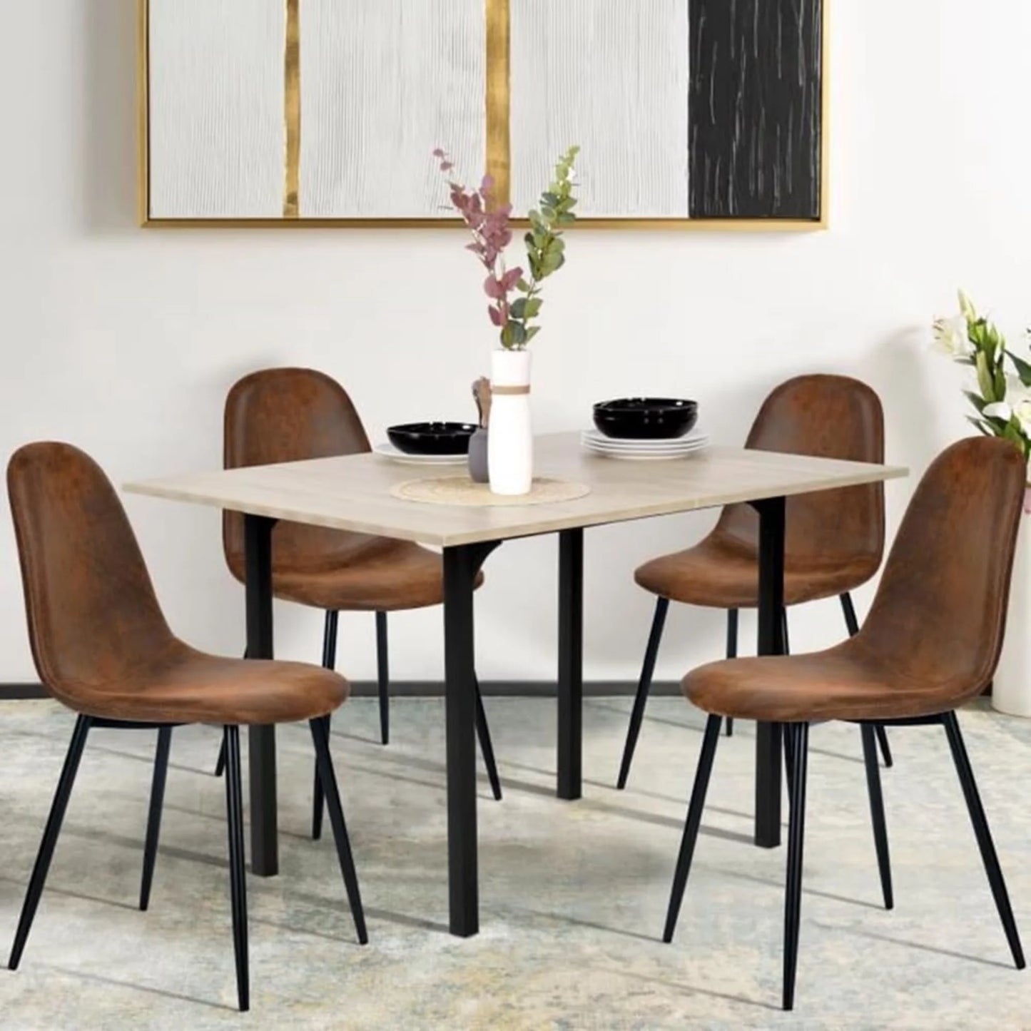 SUDICA Dining Chairs Set of 6, Brown Faux Suede Seat, Metal Legs, for Kitchen or Dining Room