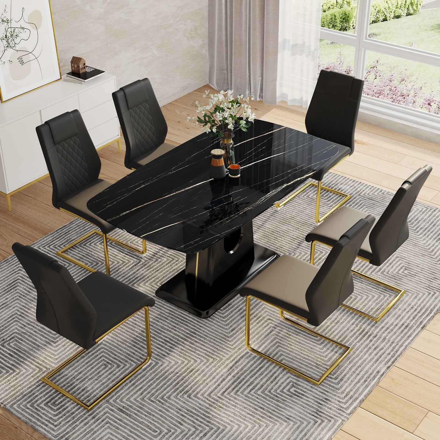 SUDICA 63" Modern Faux Marble Dining Table Set with 4 PU Leather Chairs, Gold Metal Legs, Scratch Resistant, Easy Clean Dining Set for Kitchen, Home, Apartment