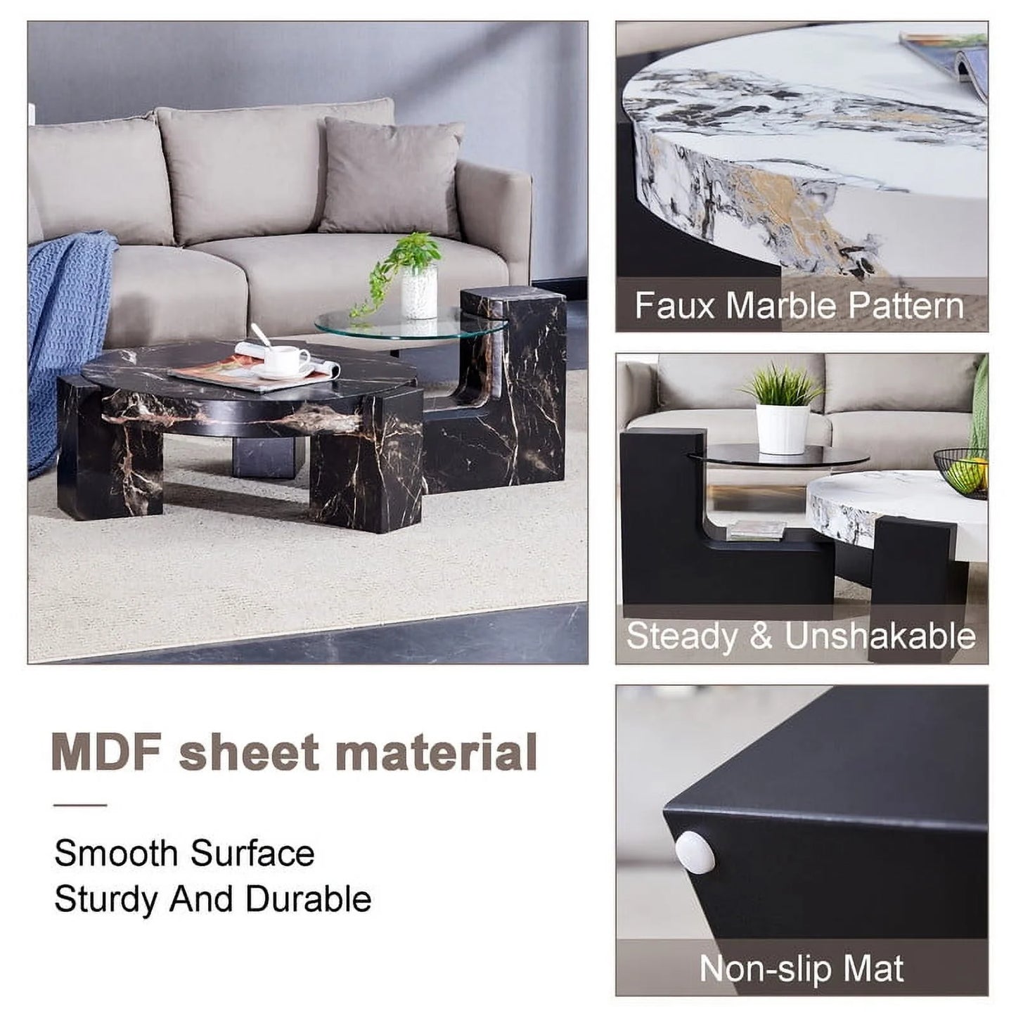 Sudica Detachable Double-decker Coffee Table,30" Round Tea Table with White Faux Marble Tabletop,Center Table for Living Room