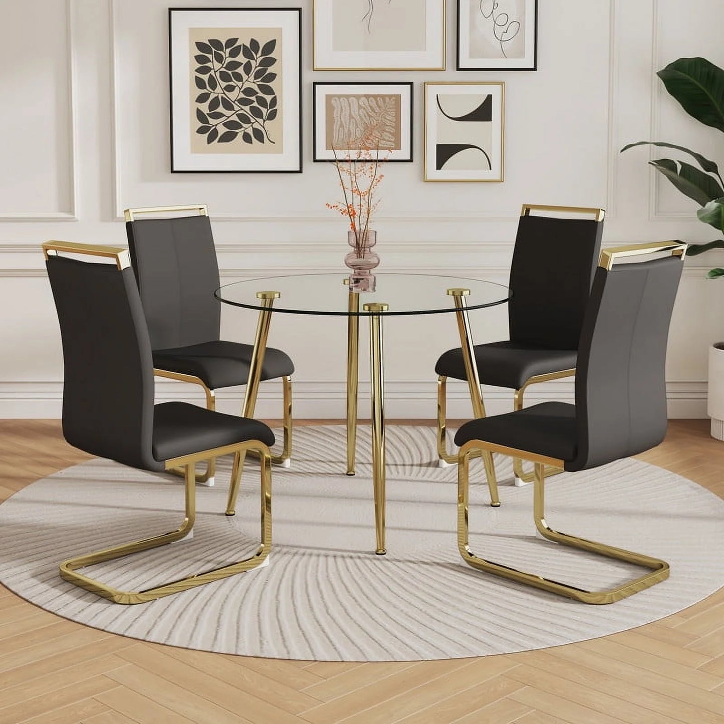 Sudica Round Dining Table Set for 4, 40in Tempered Glass Table with Black PU Chairs & Gold Legs