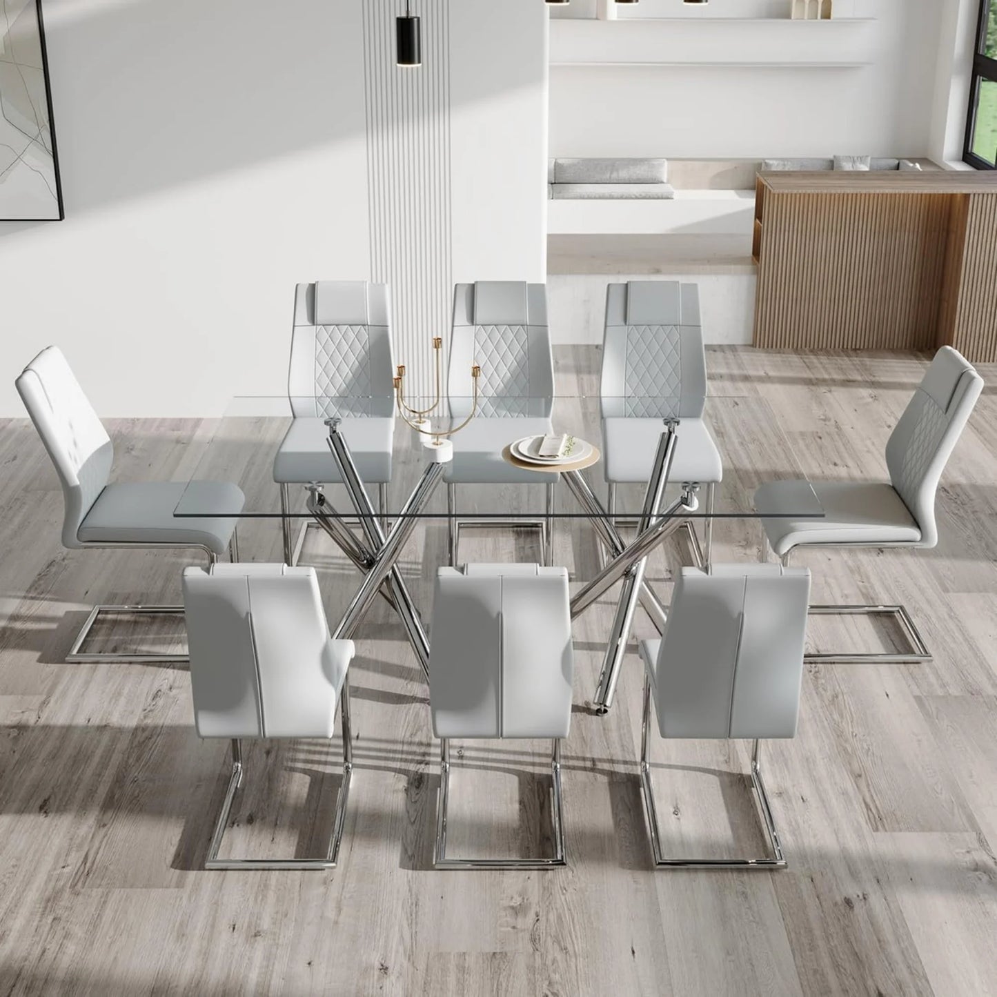 Sudica Upholstered Dining Chairs Set of 6 PU Leather Dining Room Chair with Silver Metal Legs，Light Gray