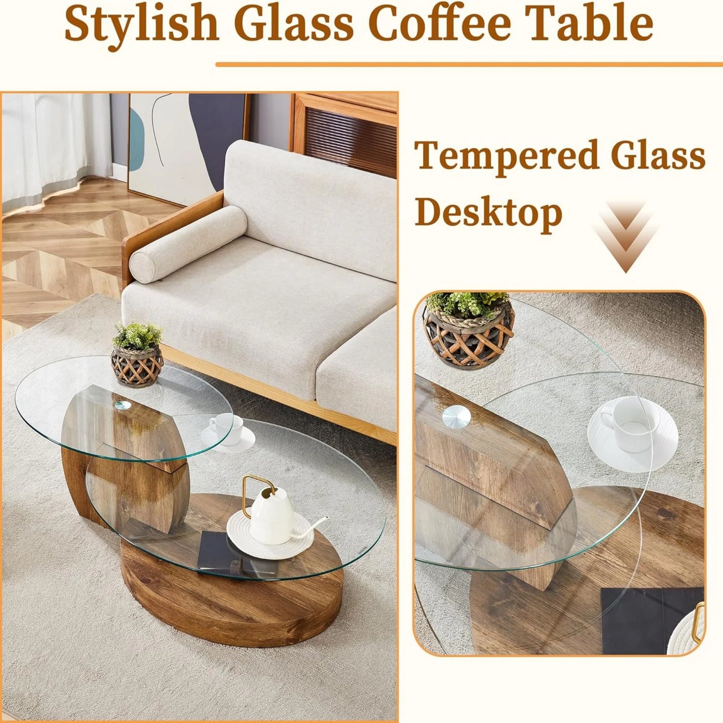 Sudica Modern Coffee Table with Double-layer Round Glass Tabletop,47" Tea Table with Natural Wood Faux Marble Patterned Base,Center Table for Living Room