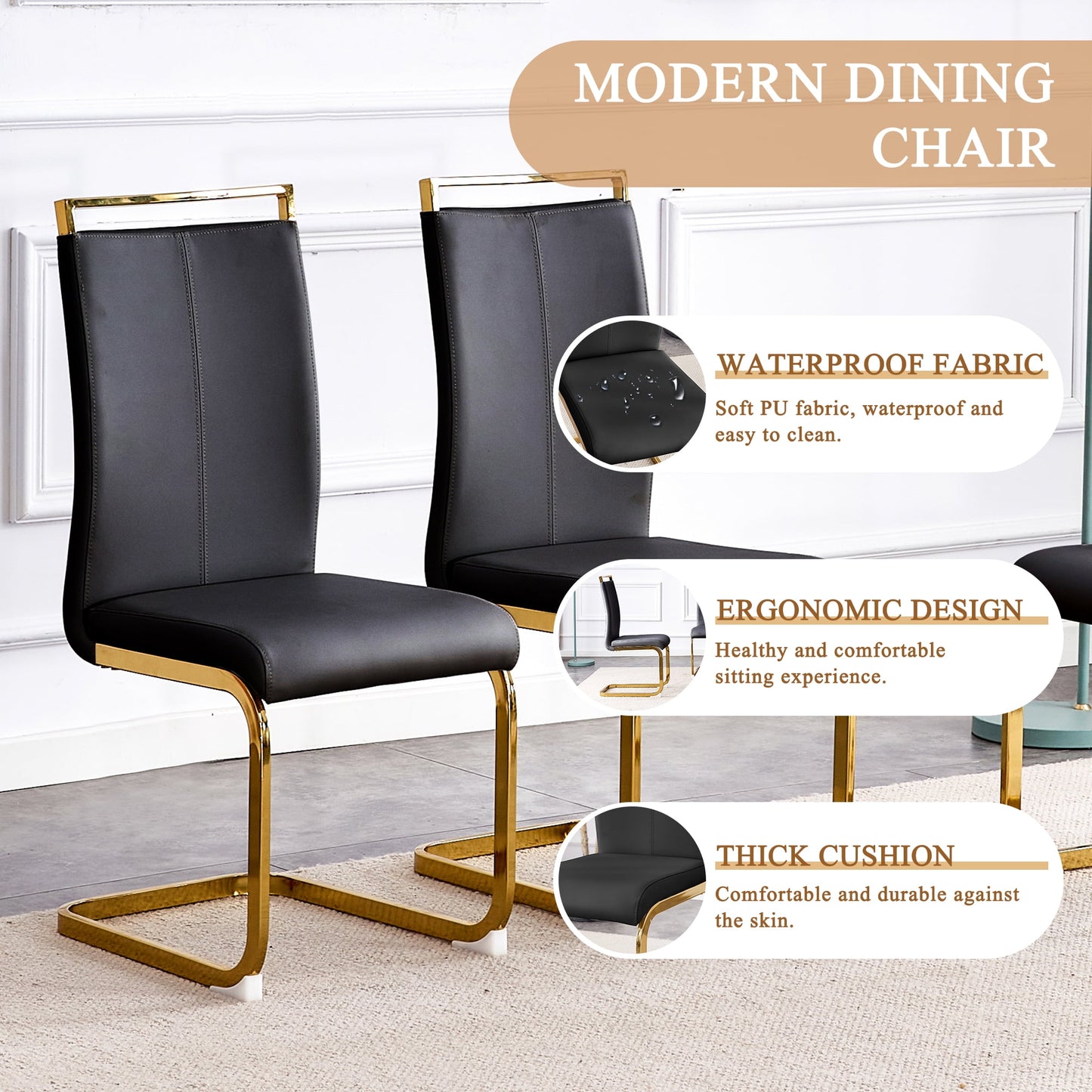 63" Large Glass Dining Table Set for 4, Sudica Gold Legs Kitchen Table with Faux Leather Dining Chairs,Black