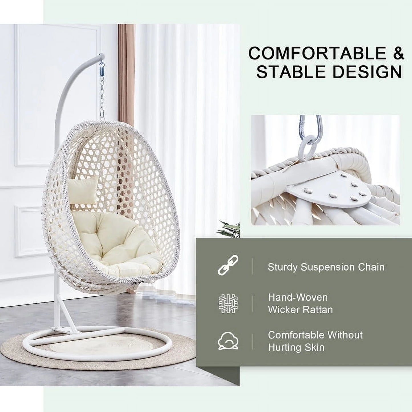 Hanging Egg Chair with Stand,Sudica Patio Soft Cushion Rattan Wicker Egg Swing Chair for Outdoor and Indoor,350lbs Capacity,White