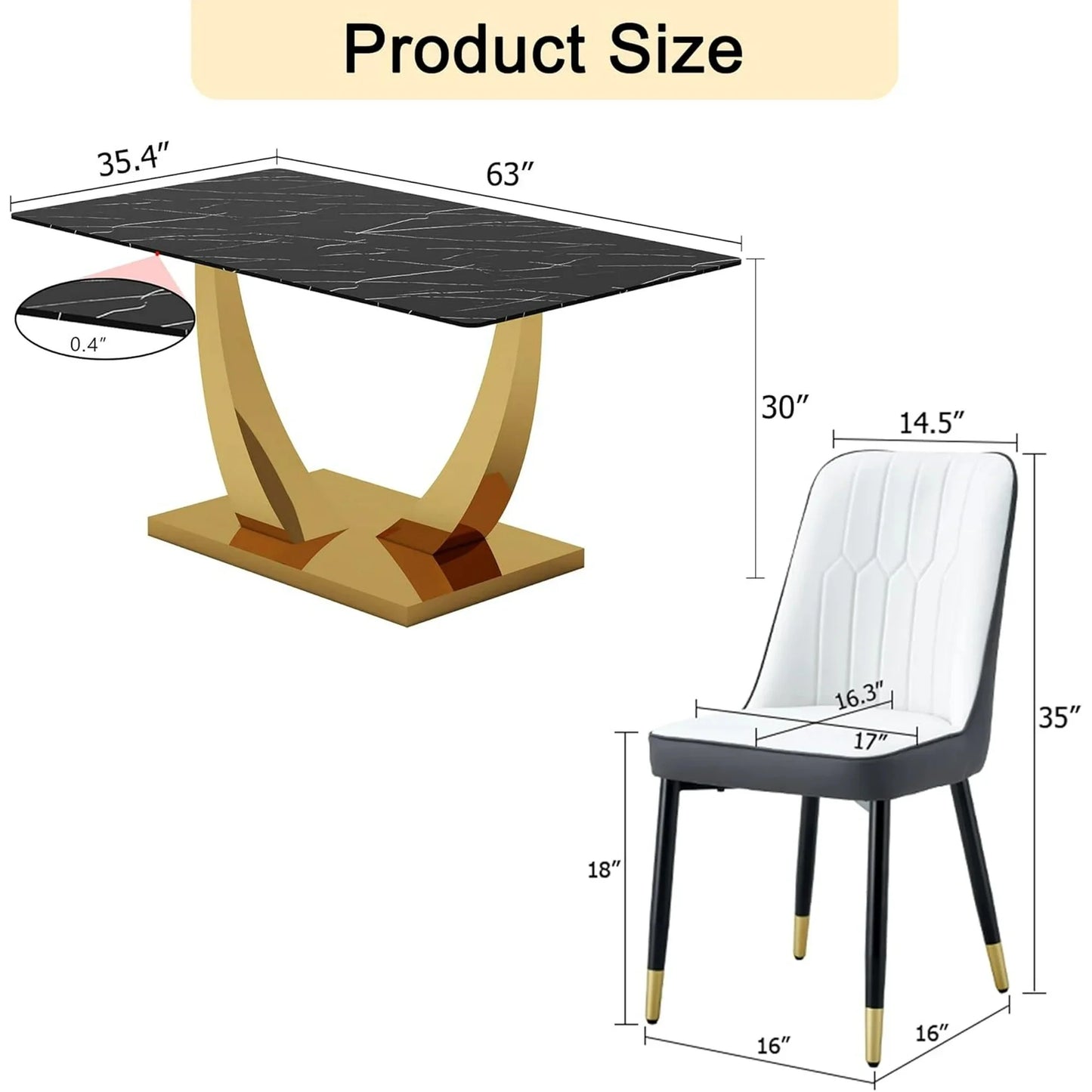 SUDICA 5 Piece Dining Set, 63" Black Glass Table with Gold Legs and Gray PU Chairs