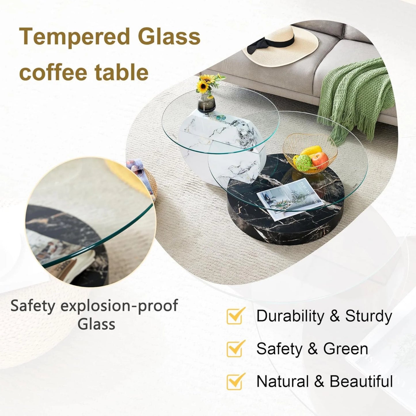 SUDICA Modern Coffee Table with Double-layer Round Glass Tabletop, Tea Table and Center Table for Living Room, Black/White