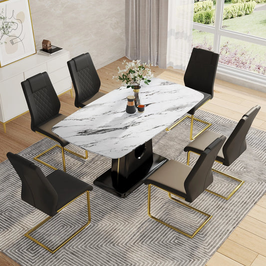 SUDICA 7 Piece Modern Dining Table Set, Faux Marble Top, Black