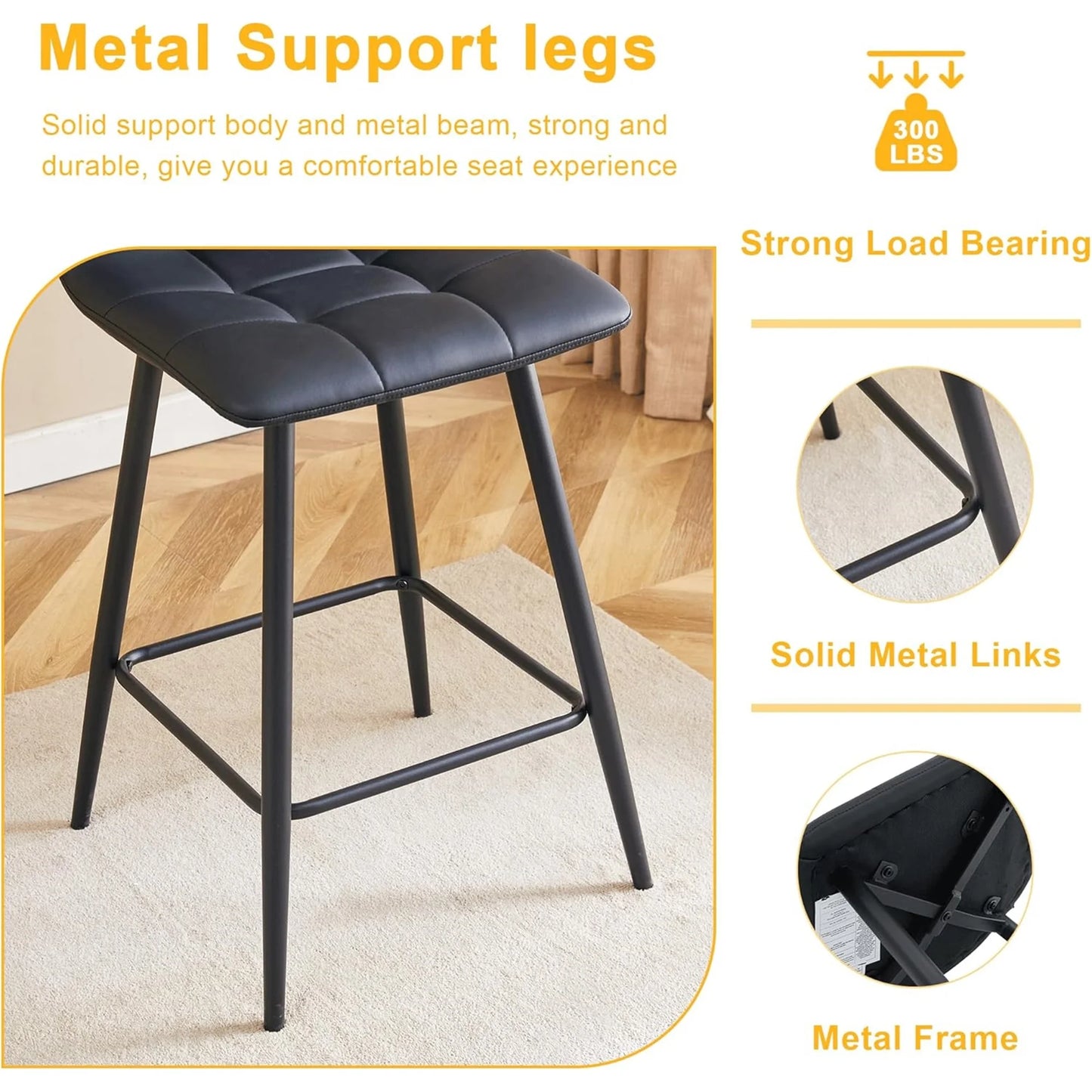 SUDICA 24.4" Counter Height Bar Stools, Black PU Leather, Metal Legs, Set of 2