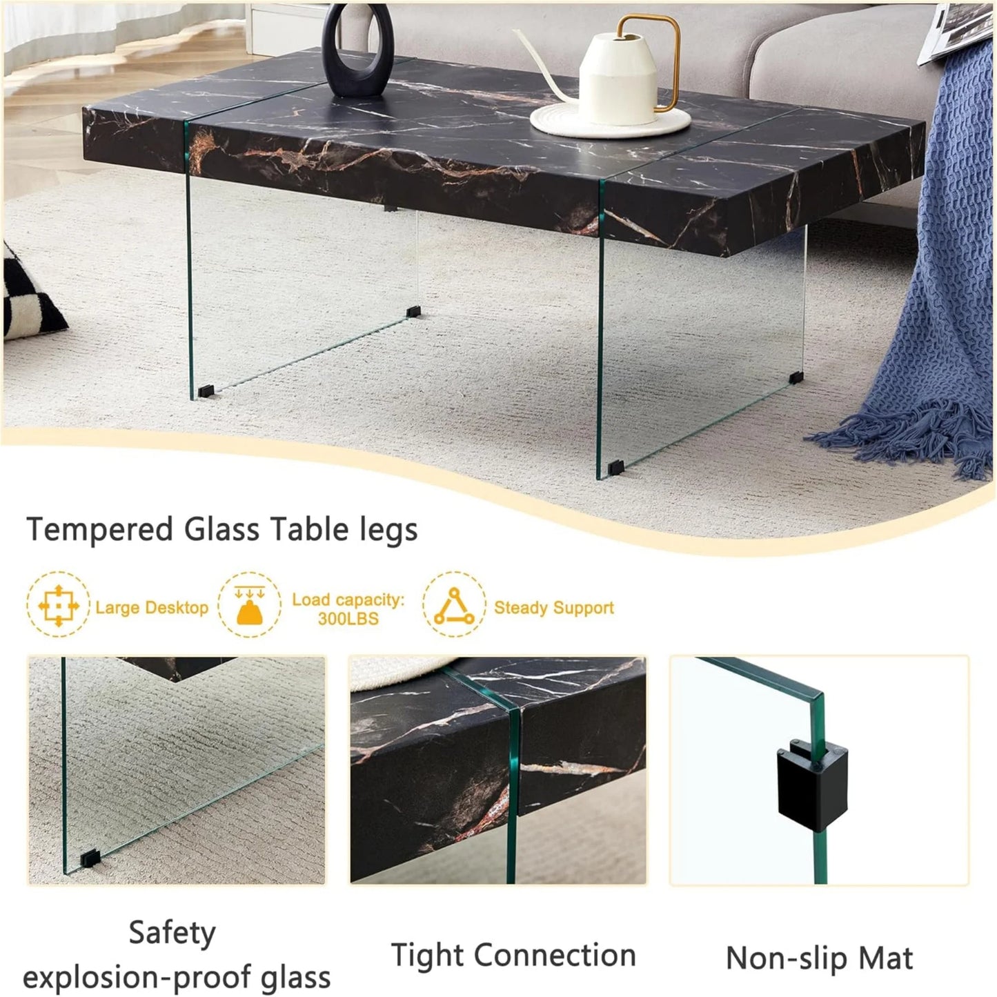 Sudica Black Marble Pattern MDF Coffee Table with Tempered Glass Legs for Living Room. Can Be Used As Coffee and Side Tables/Display Stand.(43.3"X23.6")