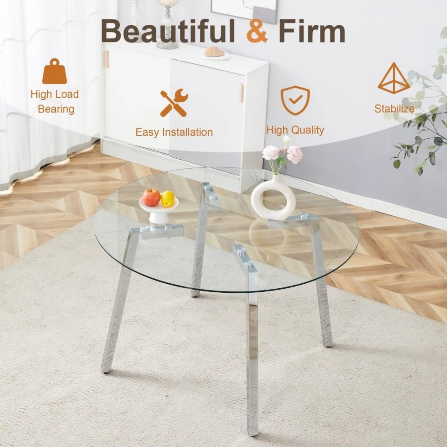 Sudica 47.3"Round Dining Table. Modern Minimalist Kitchen Table Glass with Metal Legs, for Kitchen, Dining Room, Silver