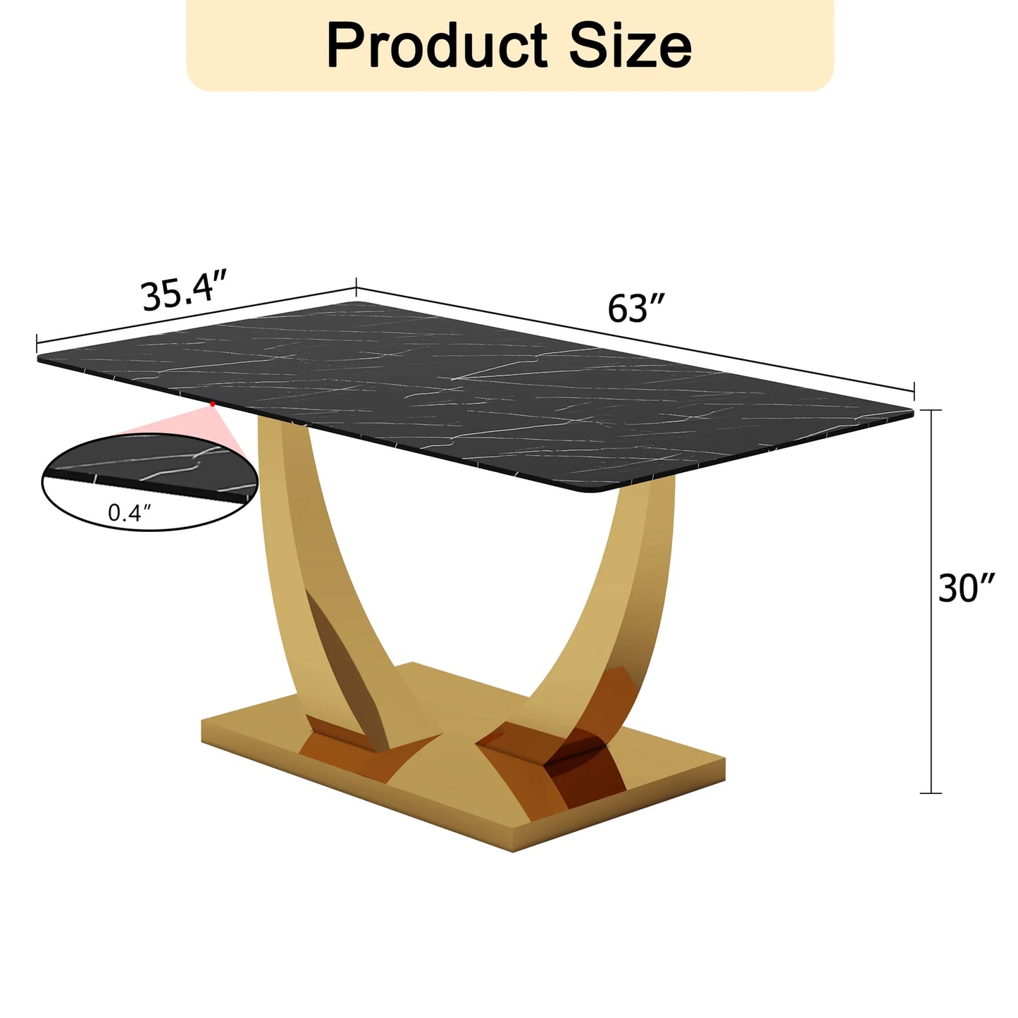 SUDICA 63" Black Glass Dinner Table Set with 6 Faux Leather Chairs, Gold Base, Dining Room
