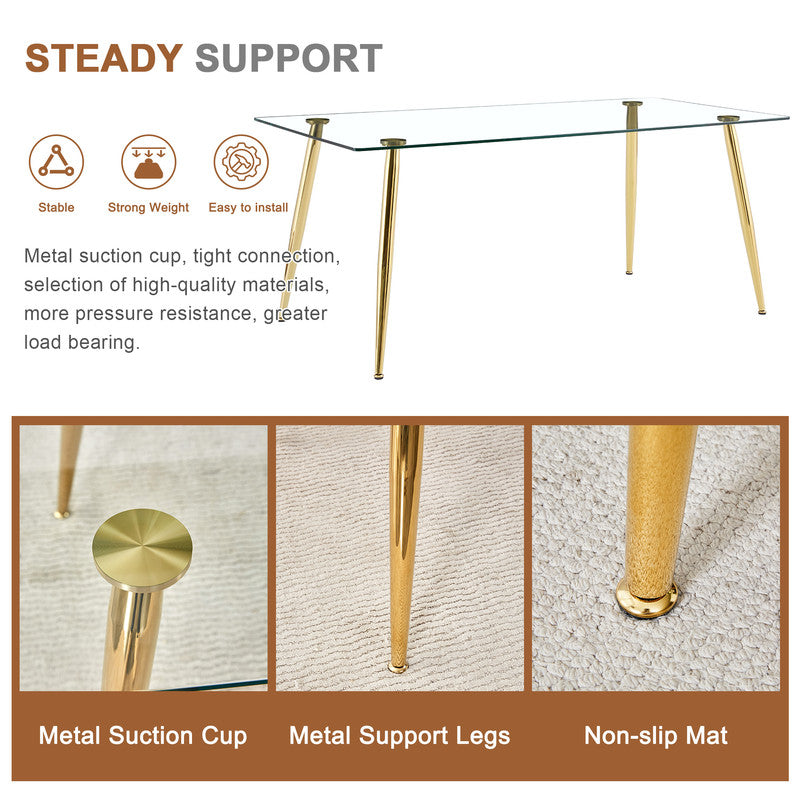 Tempered Glass Dining Table for 6, Sudica 71 inch Modern Rectangular Glass Kitchen Table with 4 Silver Plating Metal Legs