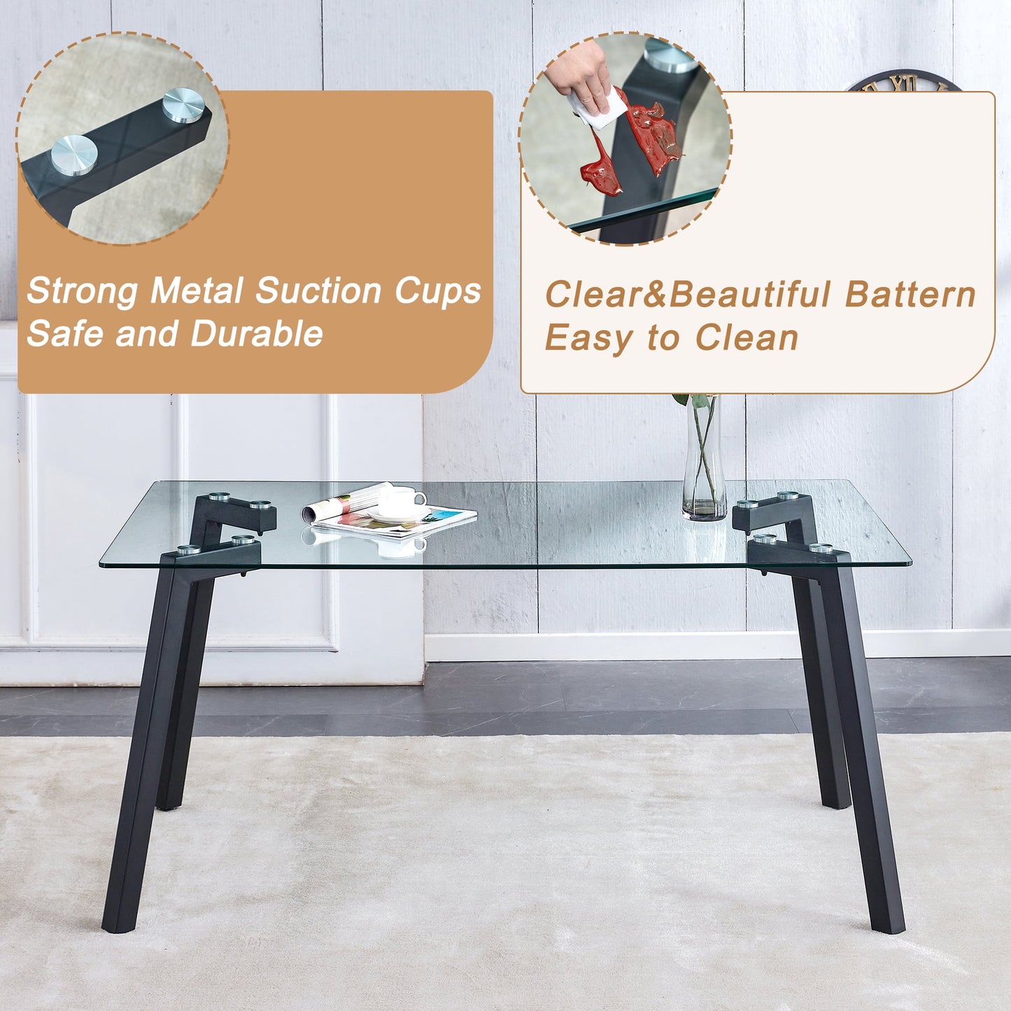 63" Glass Dining Table for 6, Sudica Clear Tempered Glass Modern Rectangular Kitchen Table with Metal Legs